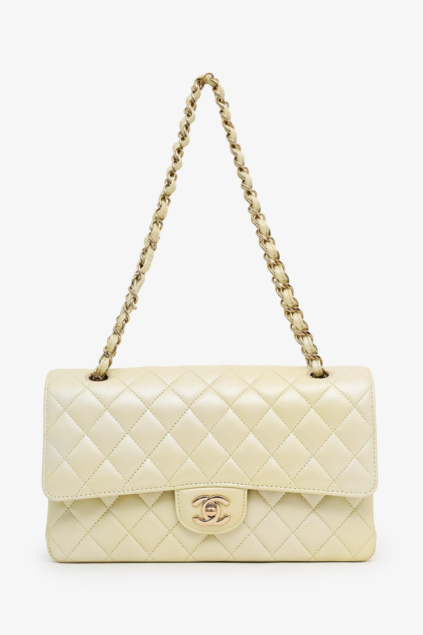 Chanel™ 22P Iridescent Yellow Quilted Leather Medium Double Flap Bag