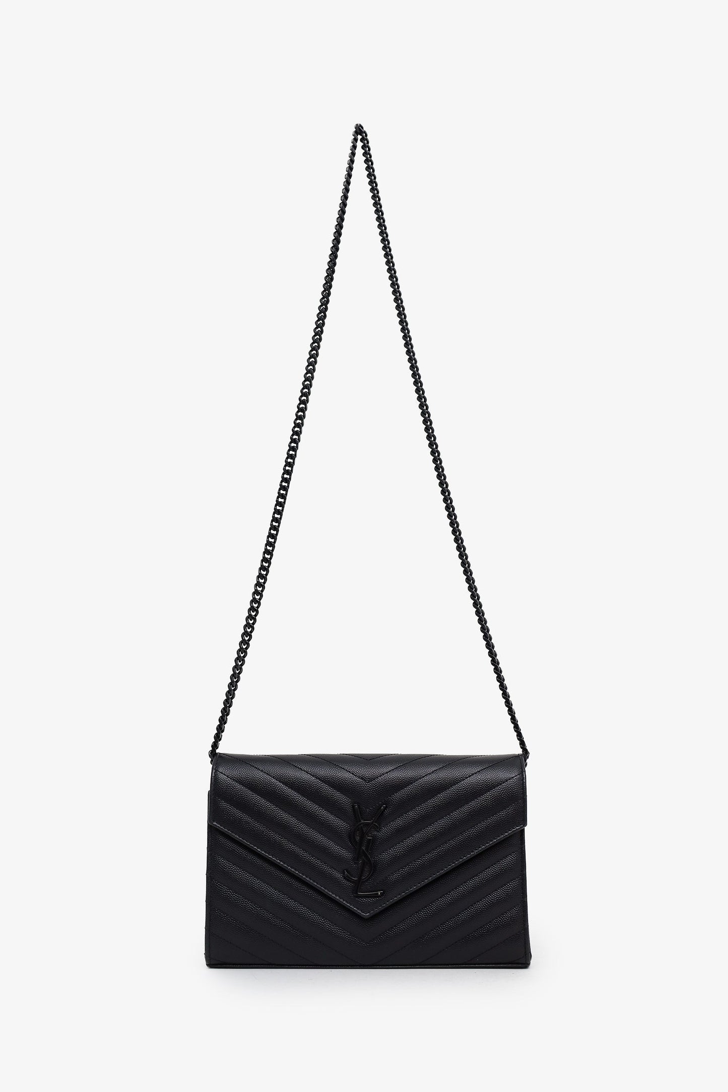 Saint Laurent Black Chevron Leather Envelope Wallet On Chain