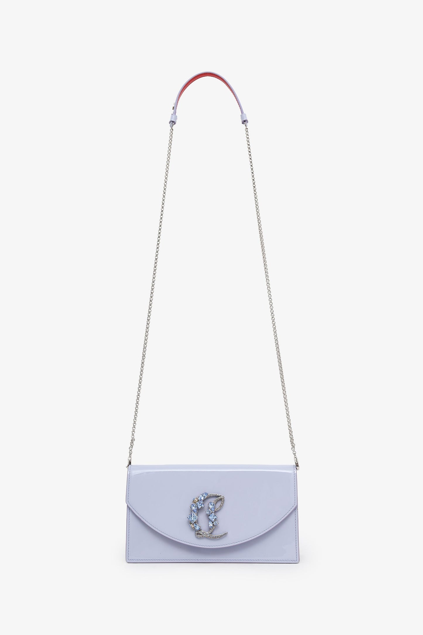 Christian Louboutin Purple Patent Leather Loubi54 Strass Logo Clutch With Chain