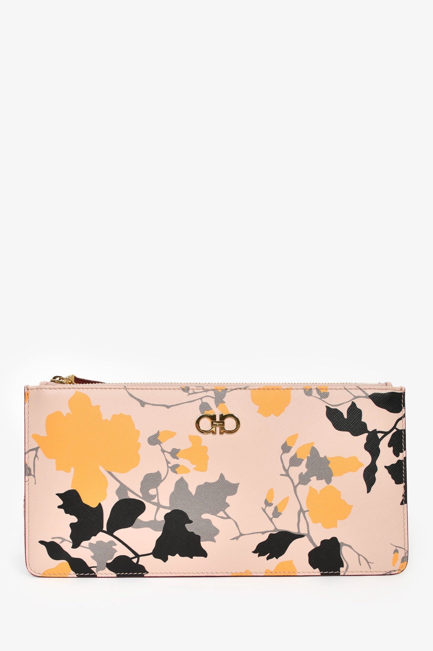 Salvatore Ferragamo Pink/Leather Leather Floral Printed Wristlet Pouch