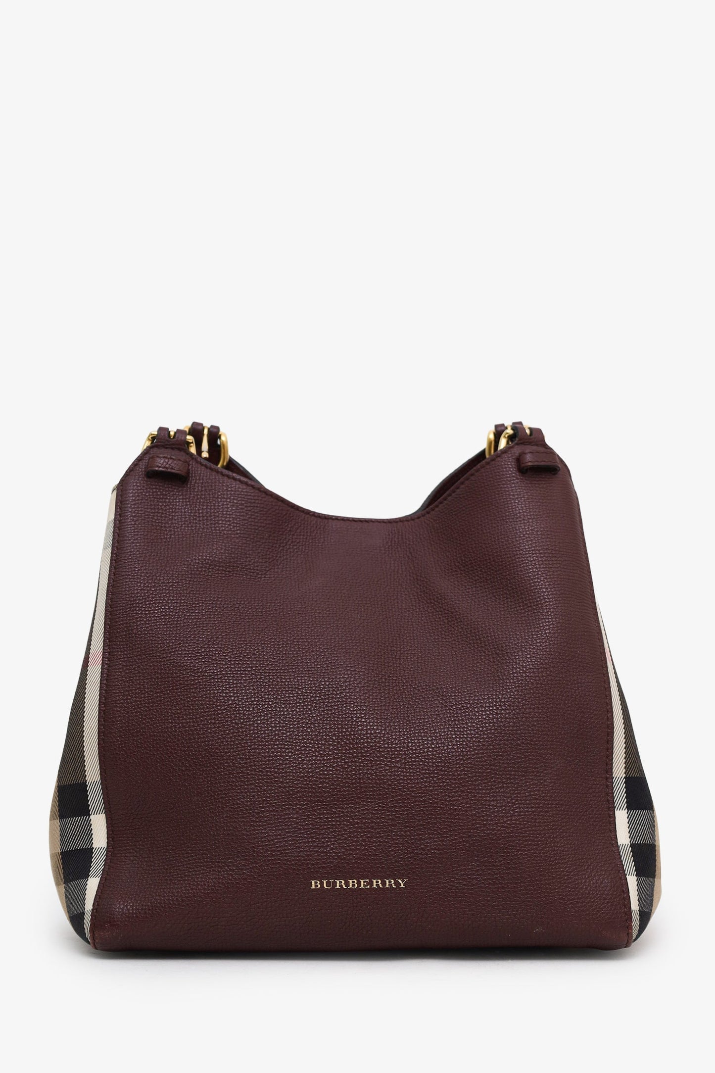 Burberry Burgundy/Beige Small Leather House Check Tote Bag