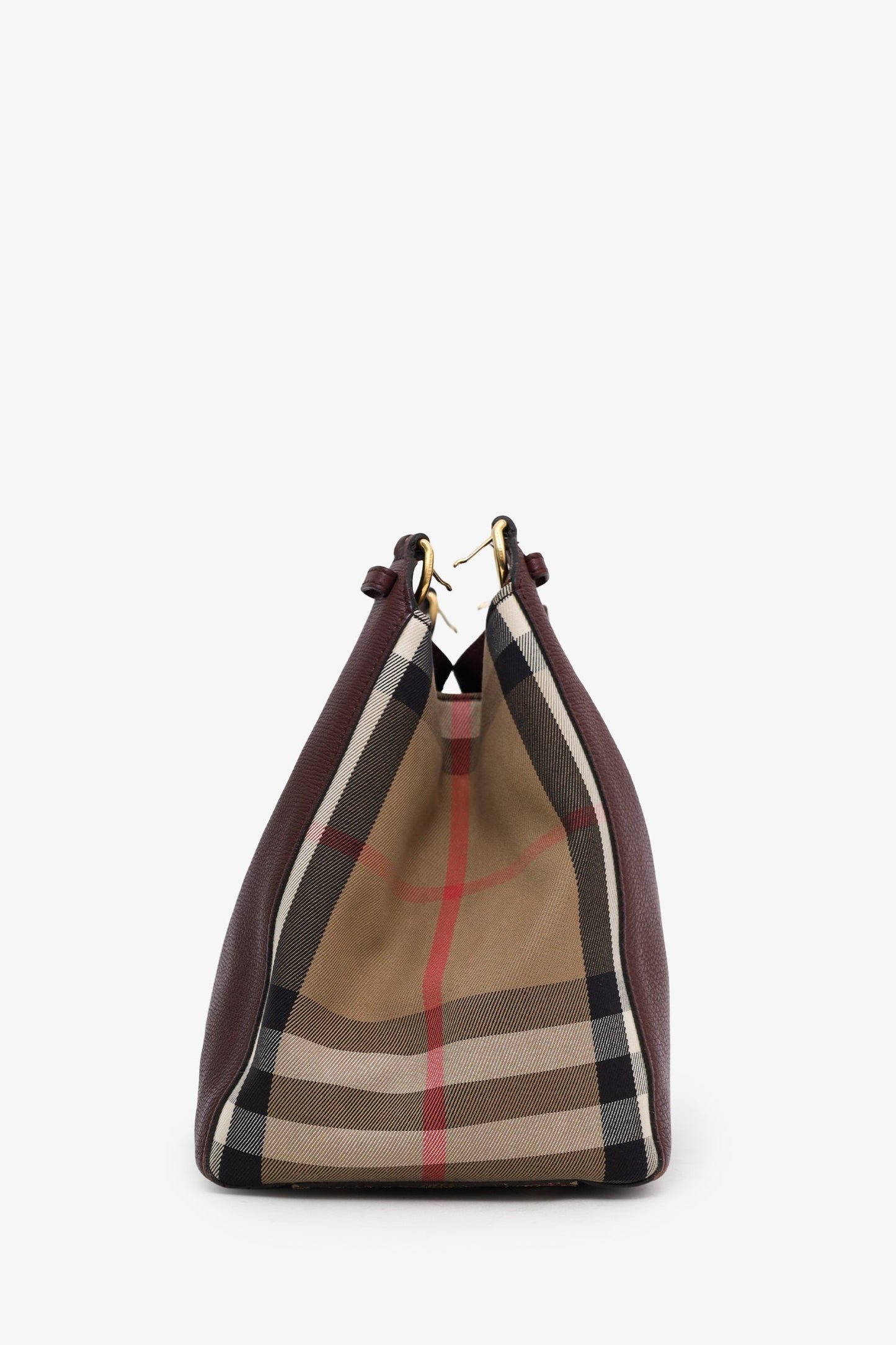 Burberry Burgundy/Beige Small Leather House Check Tote Bag