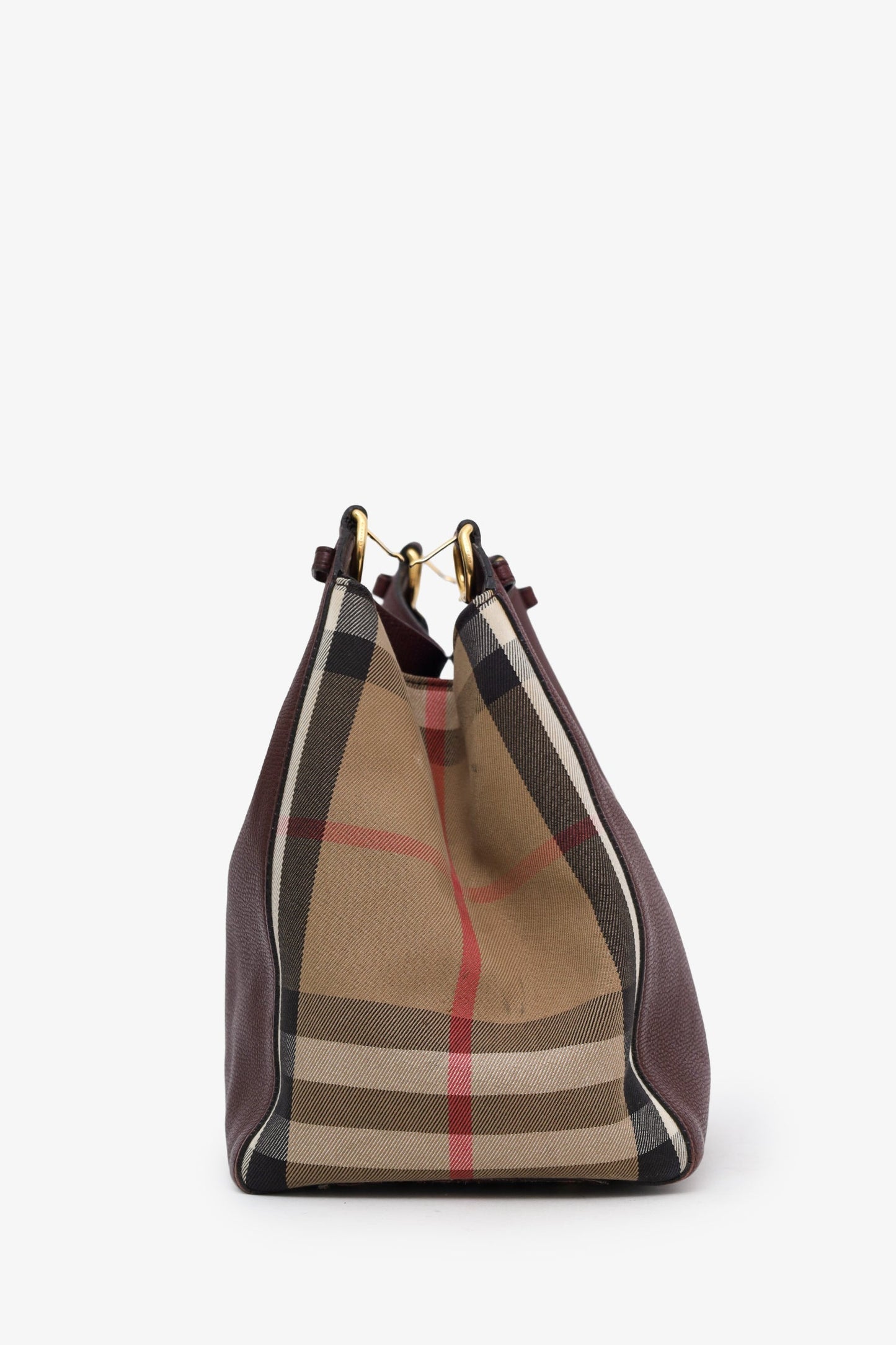 Burberry Burgundy/Beige Small Leather House Check Tote Bag