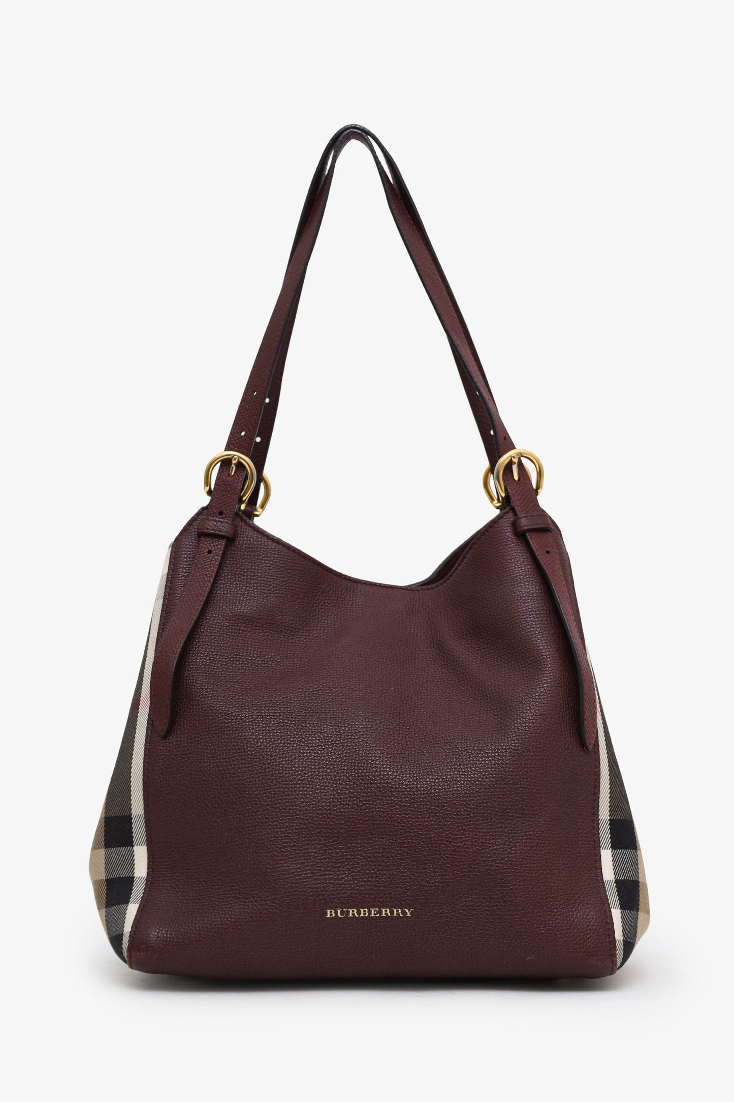 Burberry Burgundy/Beige Small Leather House Check Tote Bag
