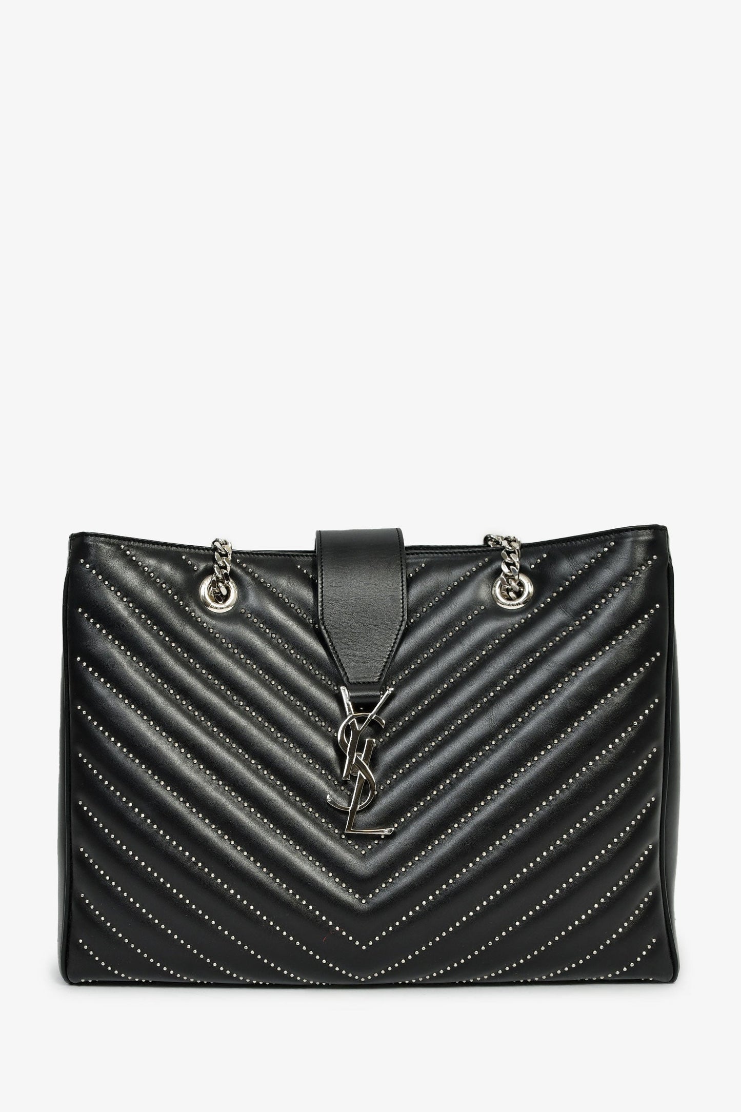 Saint Laurent Black Leather Studded Matelasse Chevron Leather Large Shopping Tote Bag