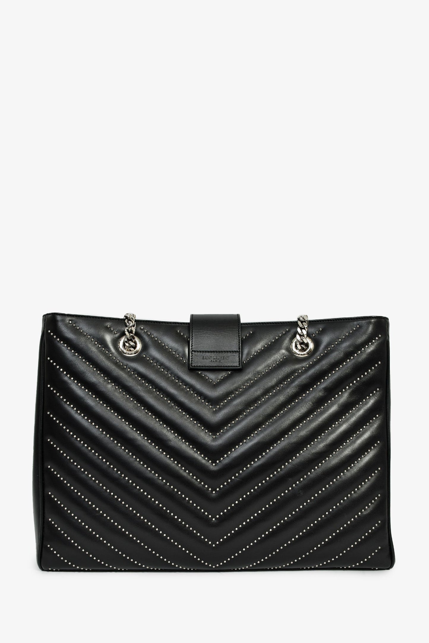 Saint Laurent Black Leather Studded Matelasse Chevron Leather Large Shopping Tote Bag
