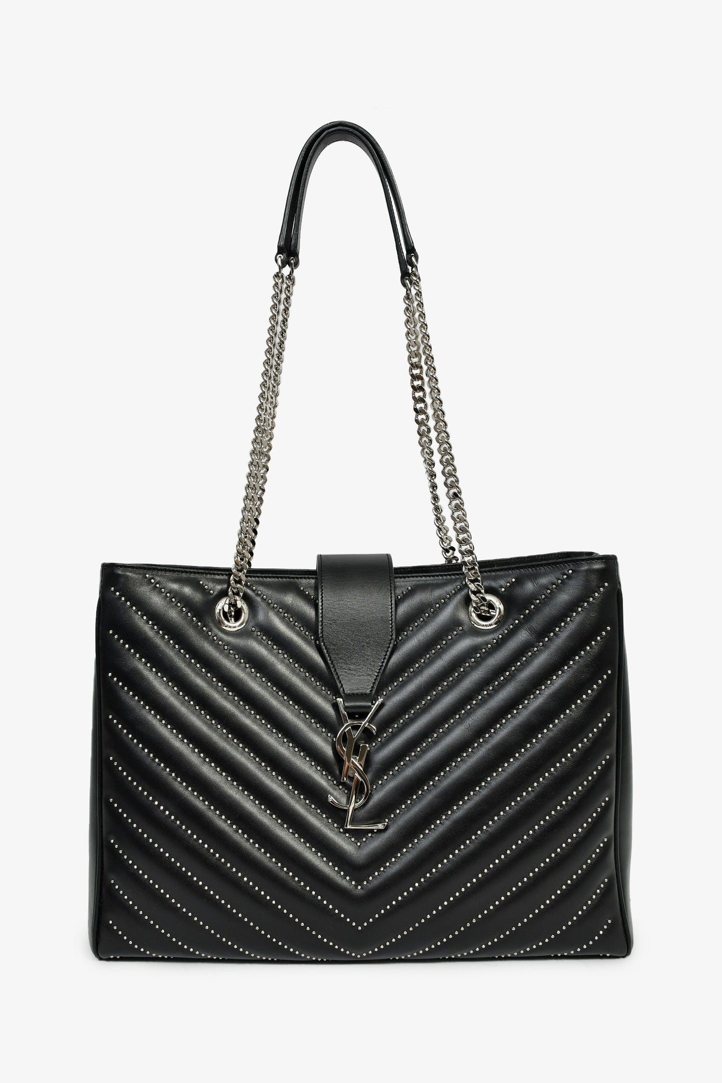 Saint Laurent Black Leather Studded Matelasse Chevron Leather Large Shopping Tote Bag