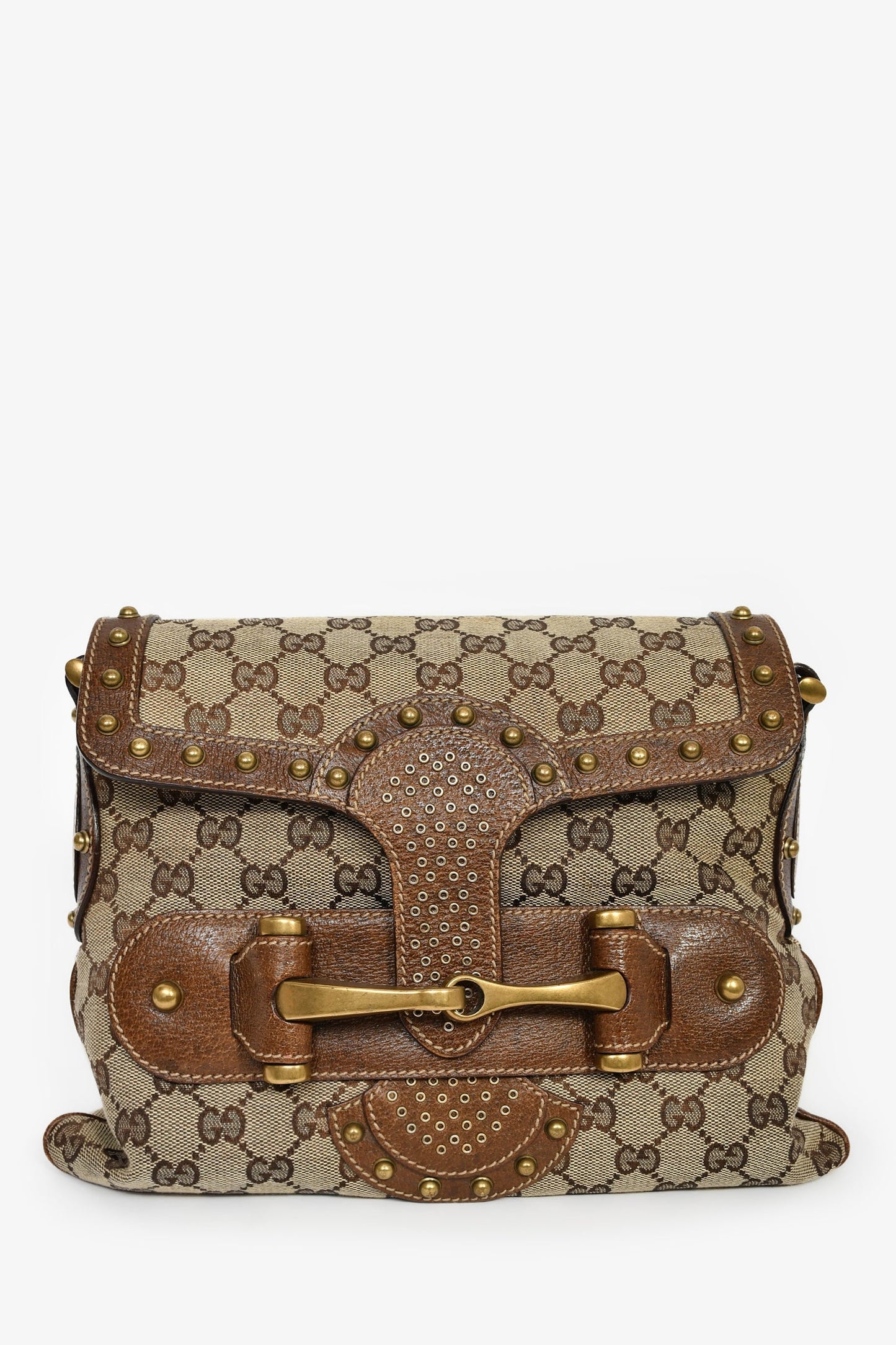 Gucci Beige/Brown GG Canvas Leather Studded Pelham Web Shoulder Bag