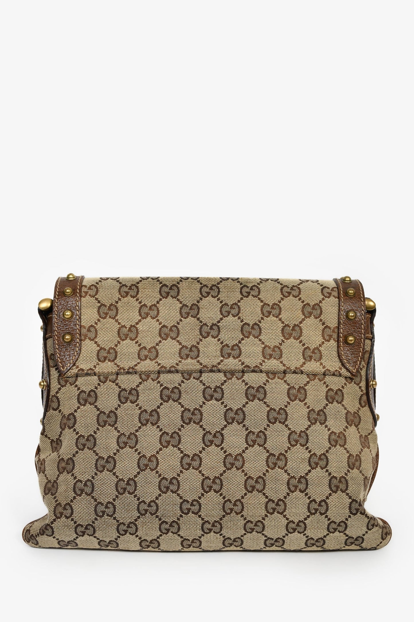 Gucci Beige/Brown GG Canvas Leather Studded Pelham Web Shoulder Bag