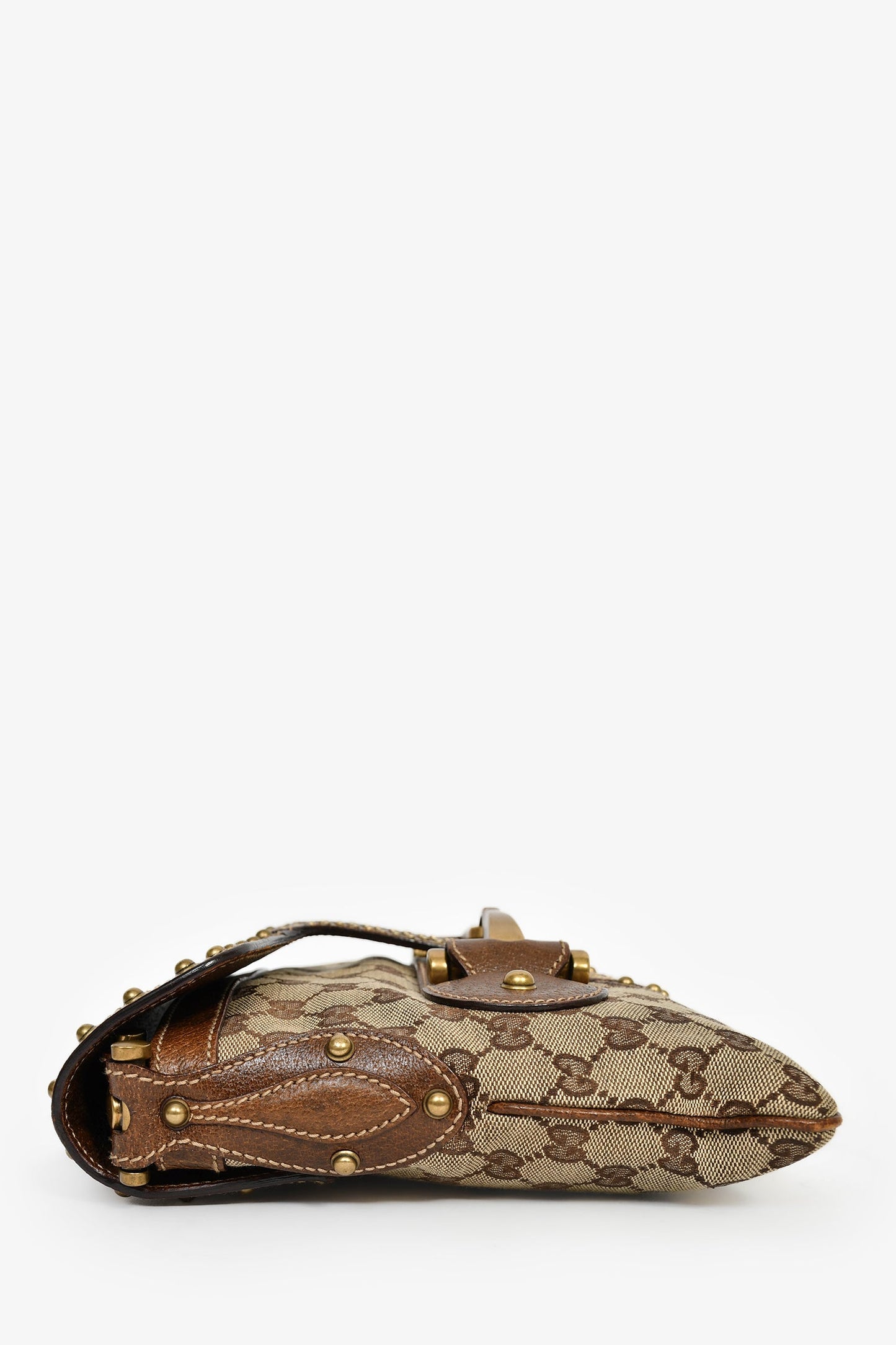 Gucci Beige/Brown GG Canvas Leather Studded Pelham Web Shoulder Bag