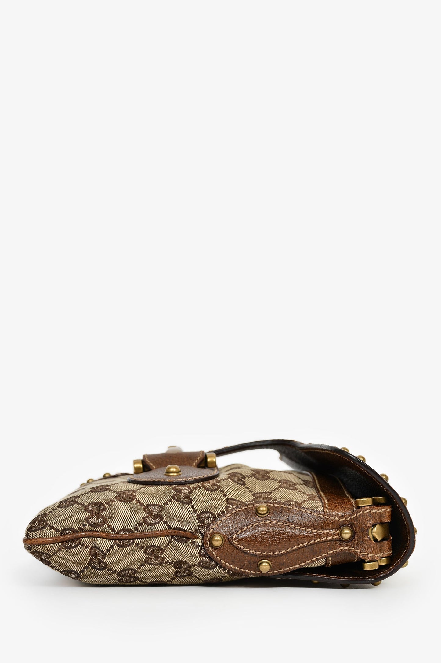 Gucci Beige/Brown GG Canvas Leather Studded Pelham Web Shoulder Bag