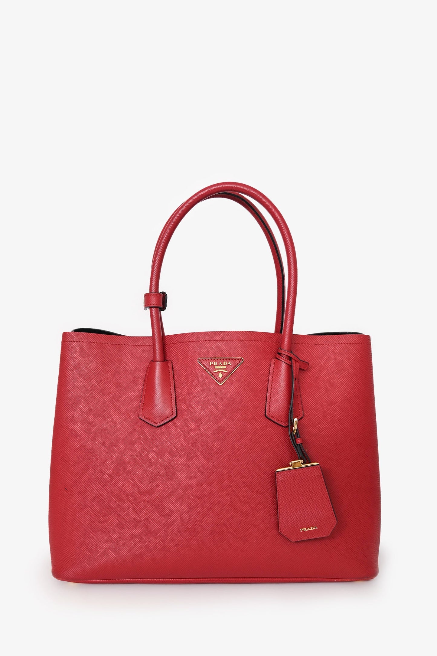 Prada Red Saffiano Leather Medium Double Tote Bag With Strap
