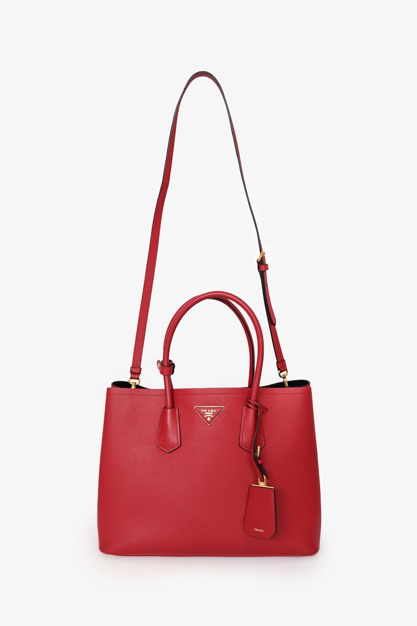 Prada Red Saffiano Leather Medium Double Tote Bag With Strap