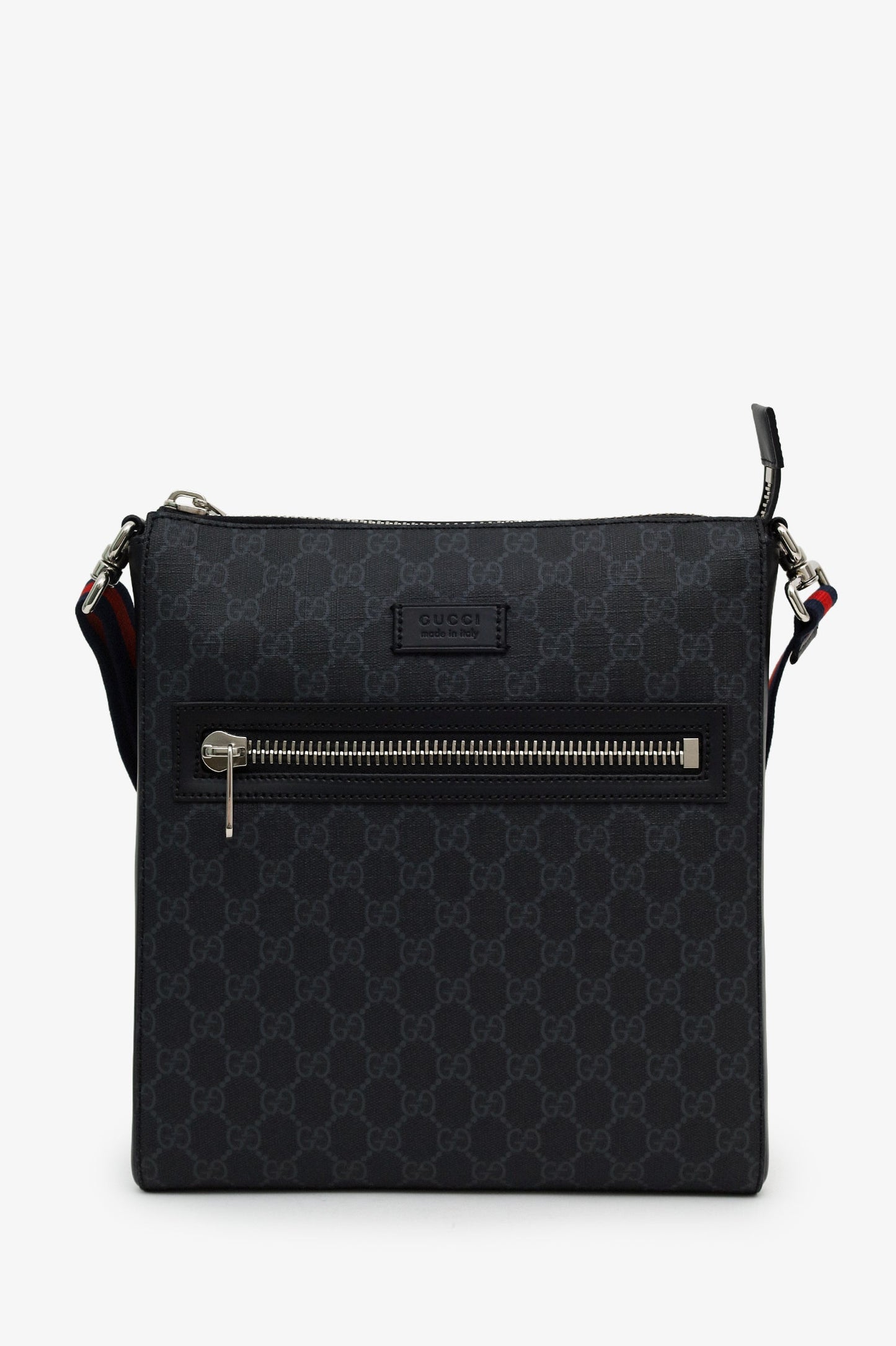 Gucci Black GG Monogram Web Flat Medium Messenger Bag