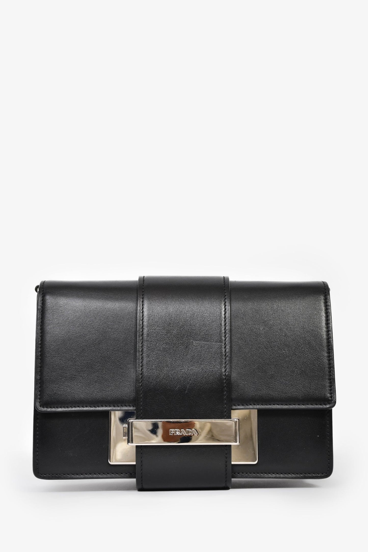 Prada Black Leather Ribbon Metal Logo Shoulder Bag