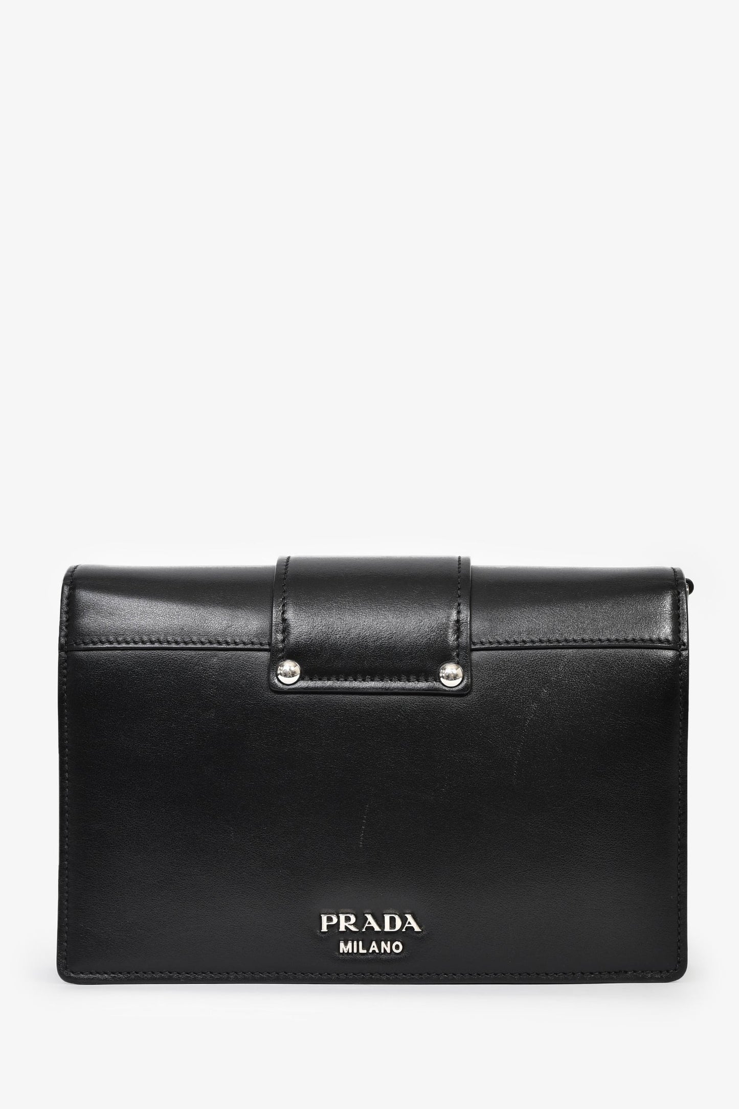 Prada Black Leather Ribbon Metal Logo Shoulder Bag