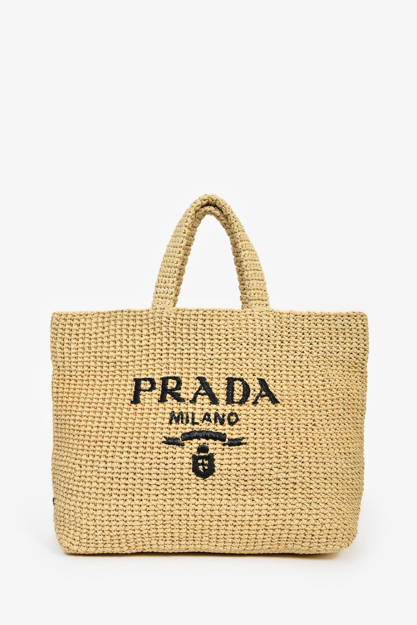 Prada Beige/Black Raffia Triangle Logo Tote