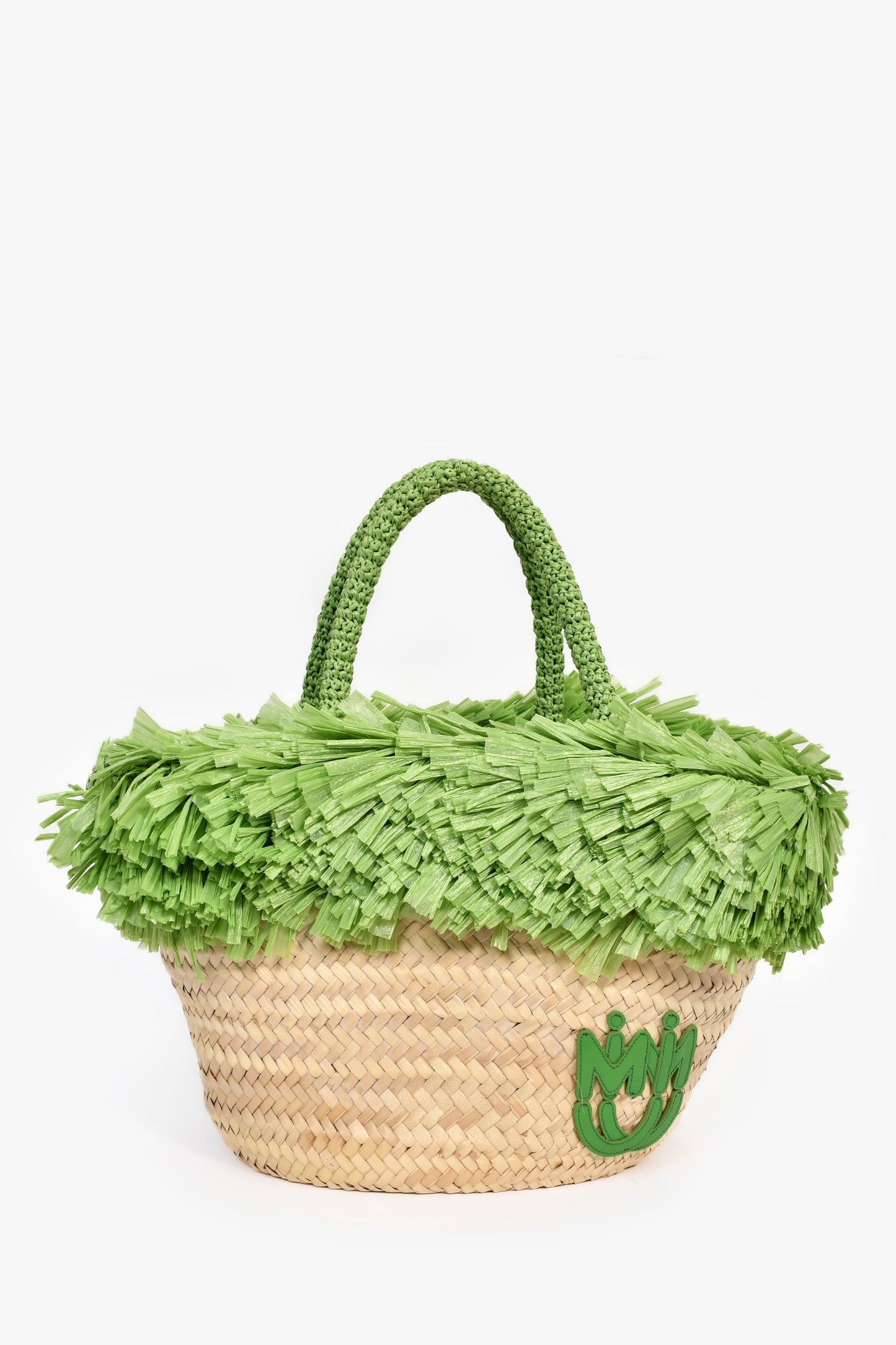 Miu Miu Green/Brown Raffia Logo Fringe Tote