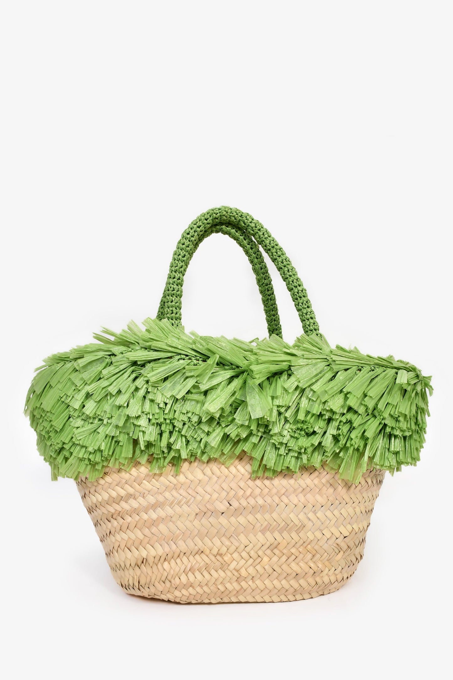 Miu Miu Green/Brown Raffia Logo Fringe Tote