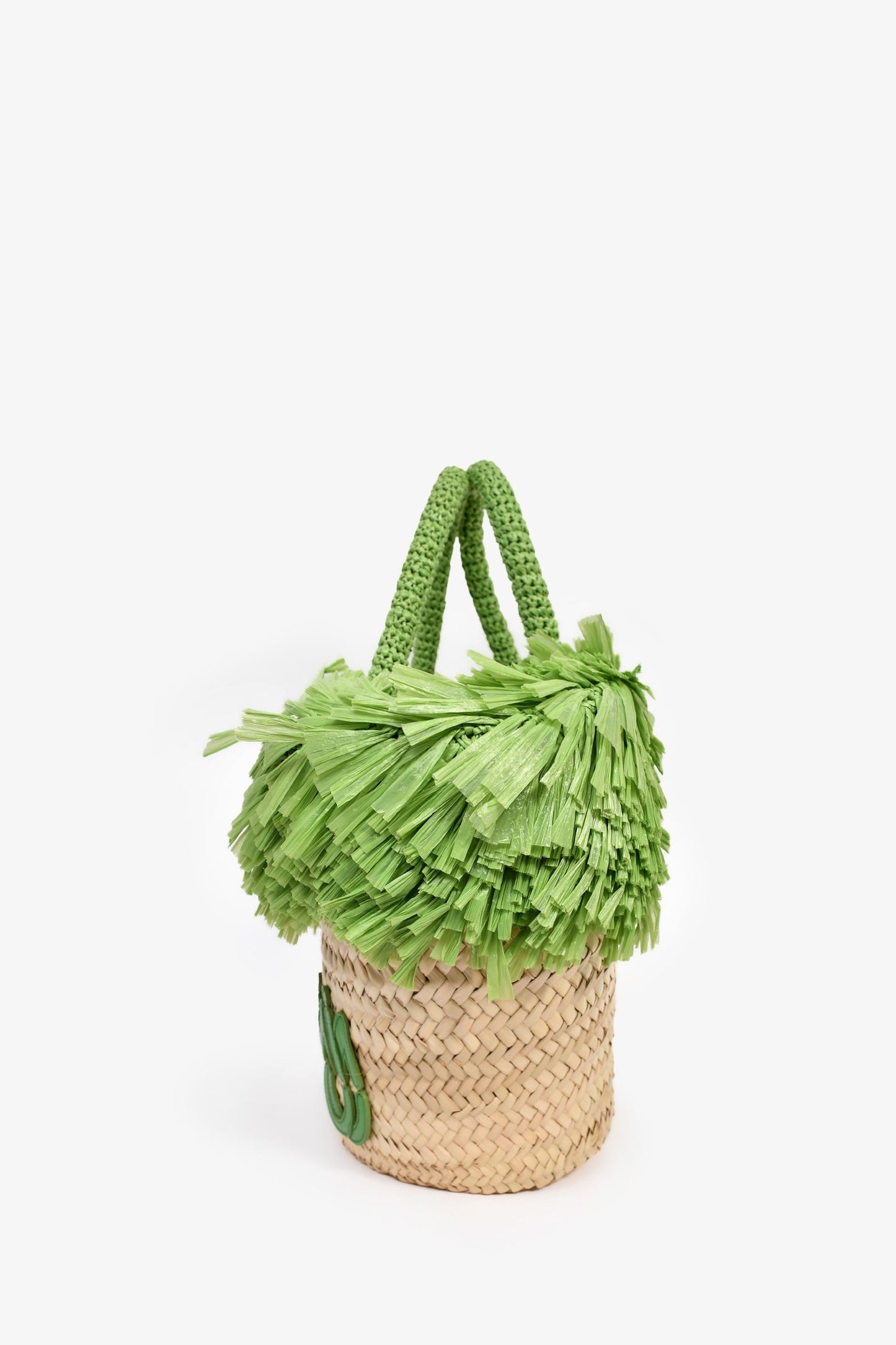 Miu Miu Green/Brown Raffia Logo Fringe Tote