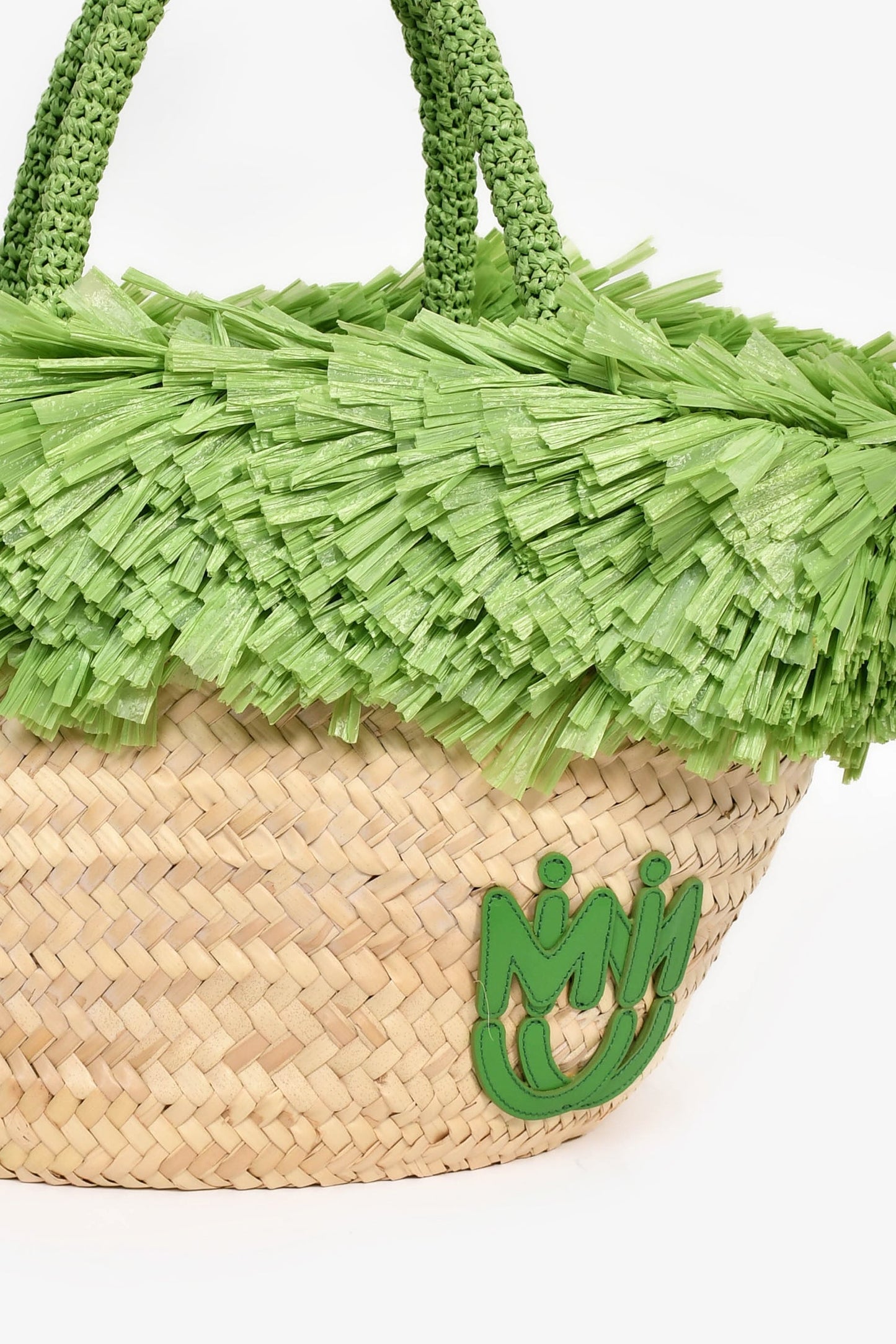 Miu Miu Green/Brown Raffia Logo Fringe Tote