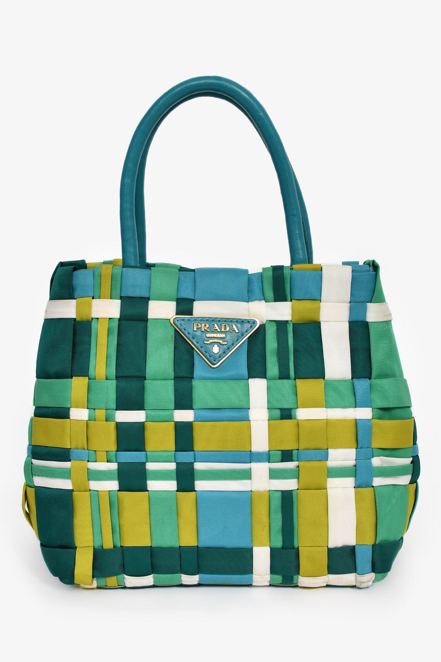 Prada Blue/Green Nylon Gold Grommet Woven Bag With Strap