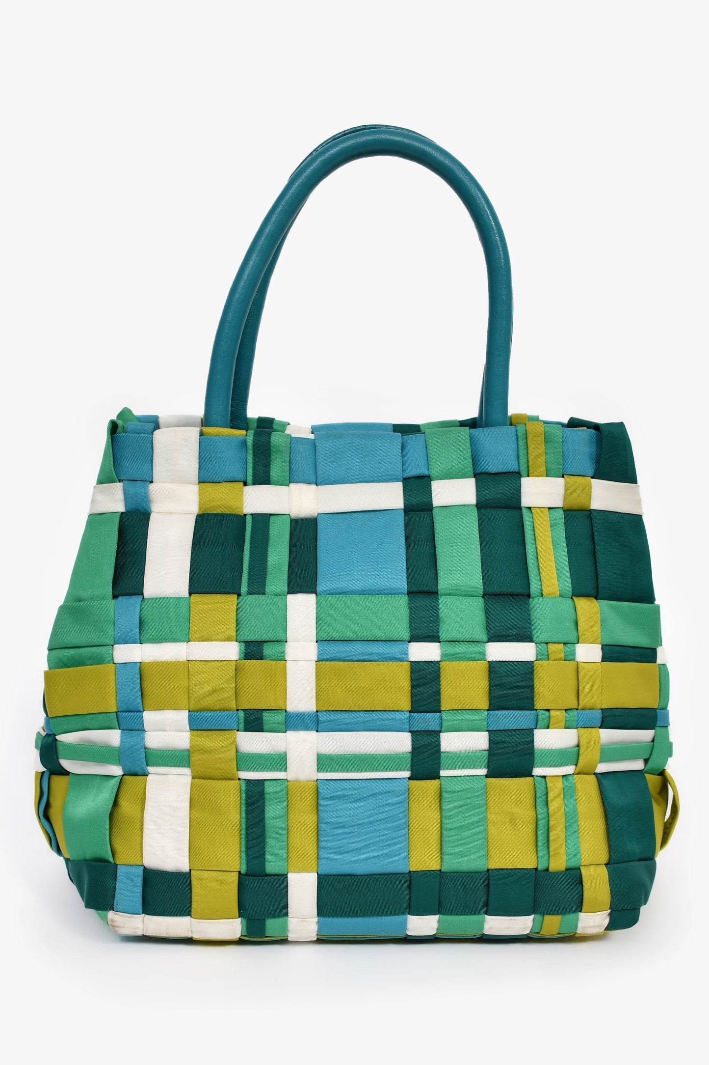 Prada Blue/Green Nylon Gold Grommet Woven Bag With Strap