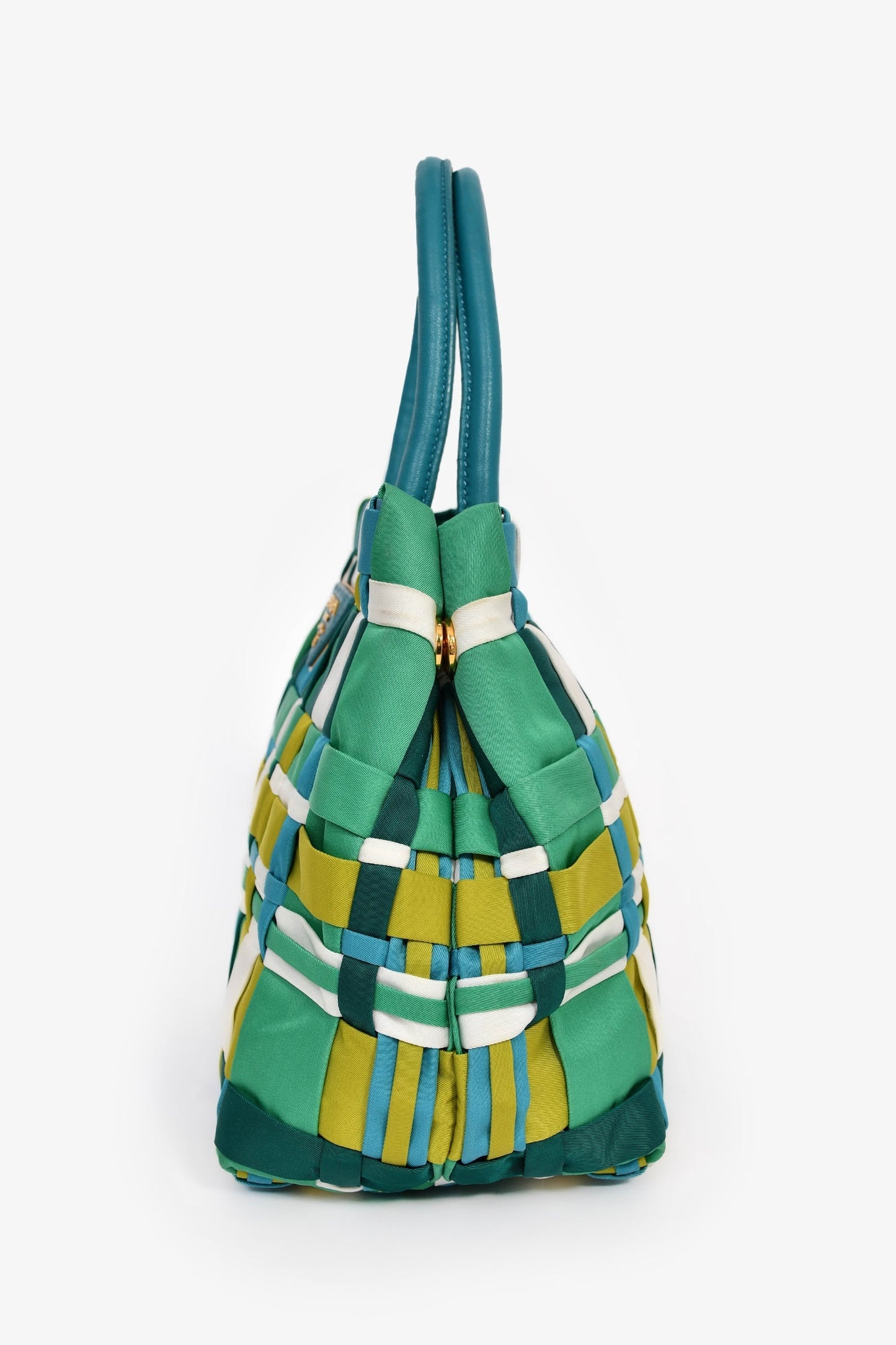 Prada Blue/Green Nylon Gold Grommet Woven Bag With Strap