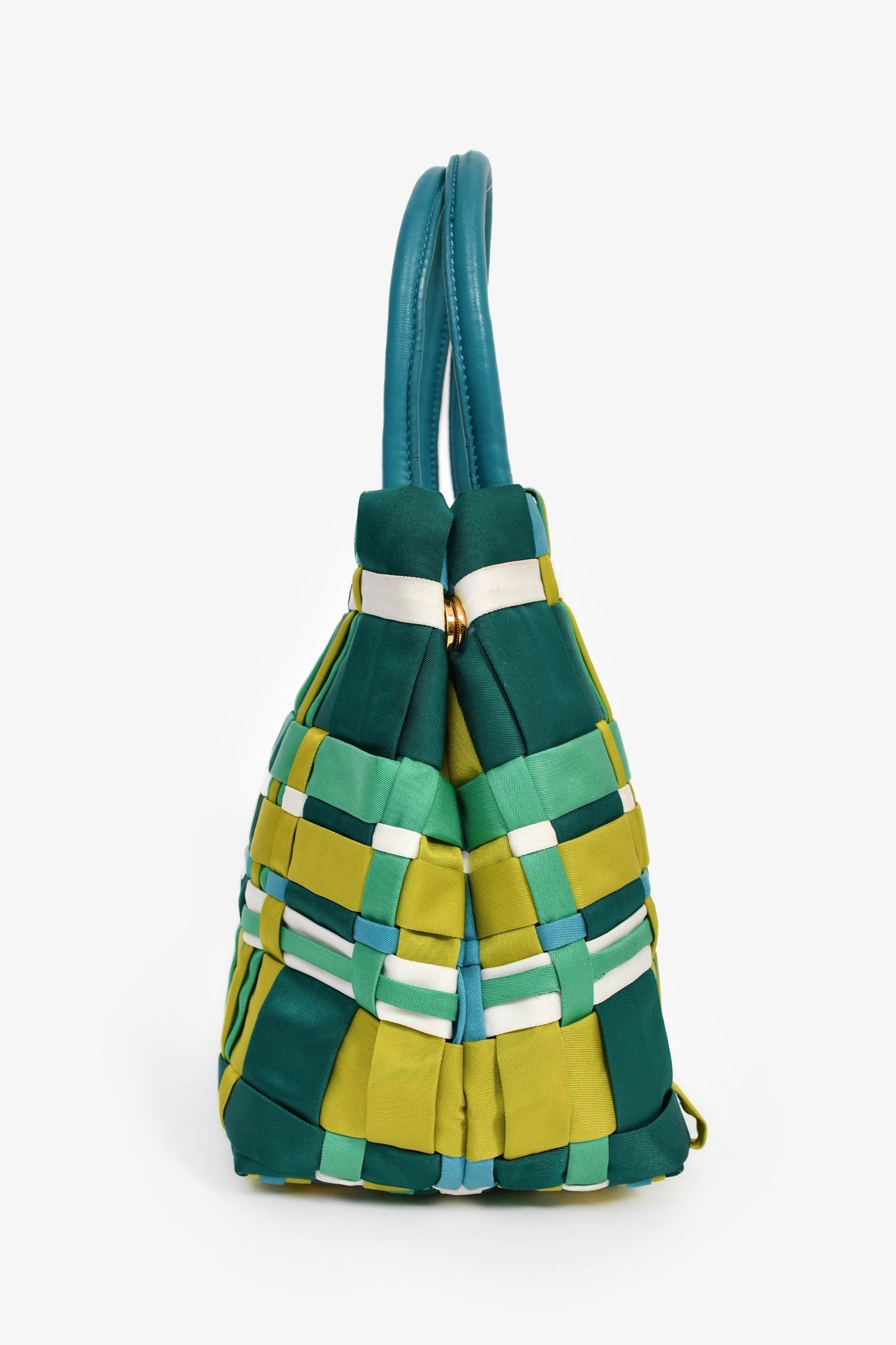 Prada Blue/Green Nylon Gold Grommet Woven Bag With Strap