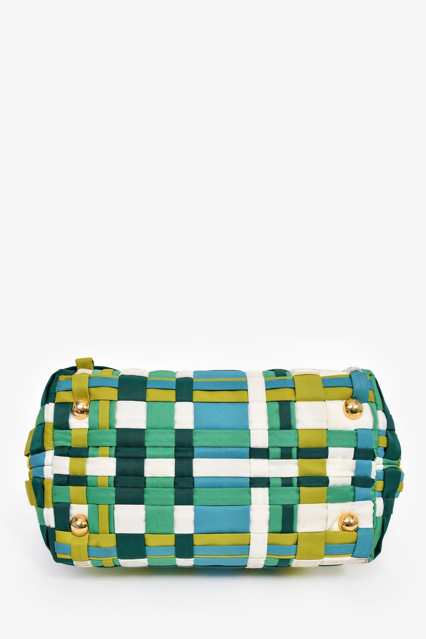 Prada Blue/Green Nylon Gold Grommet Woven Bag With Strap