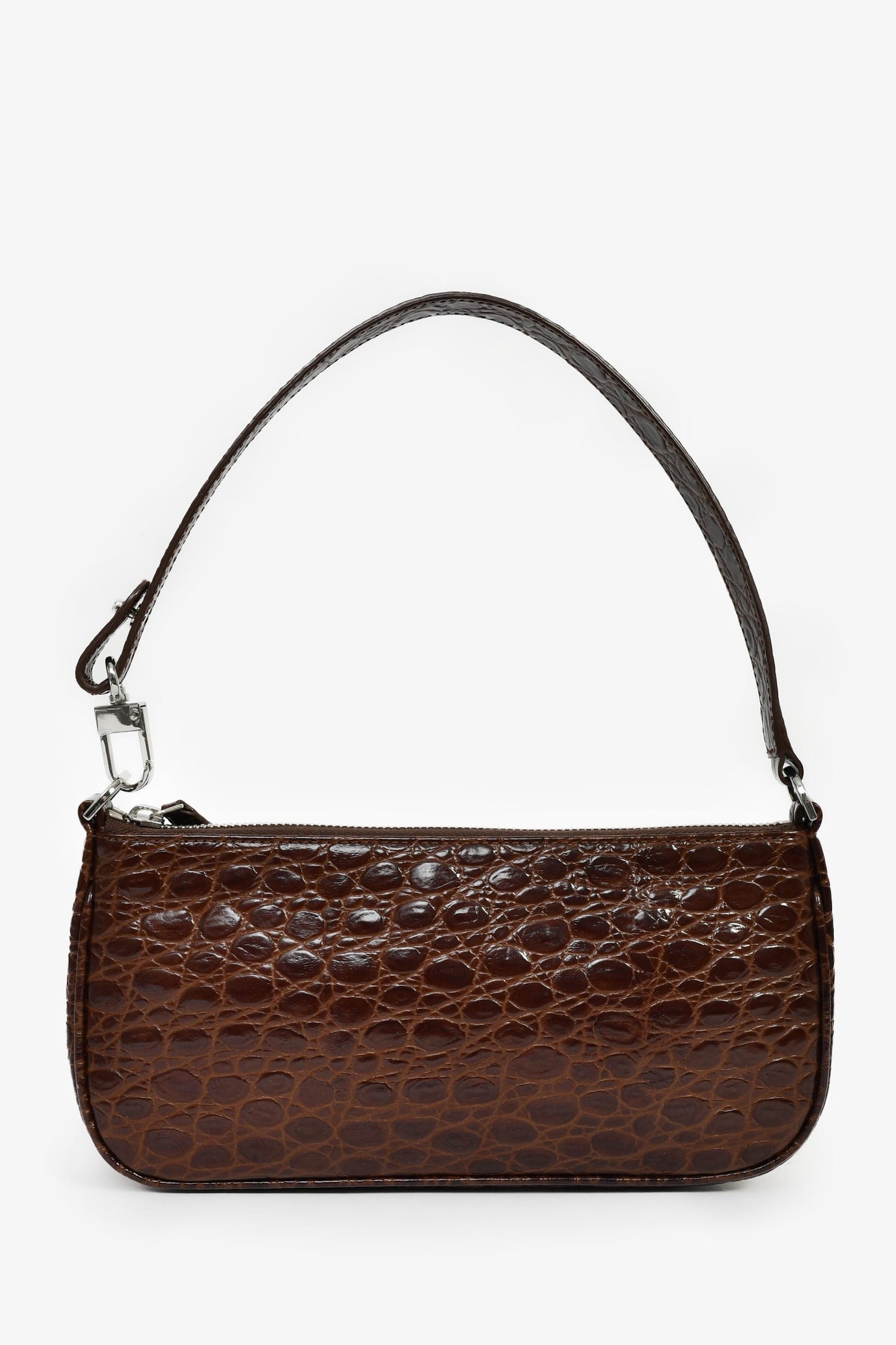 By Far Brown Leather Croc Embossed Shoulder Bag