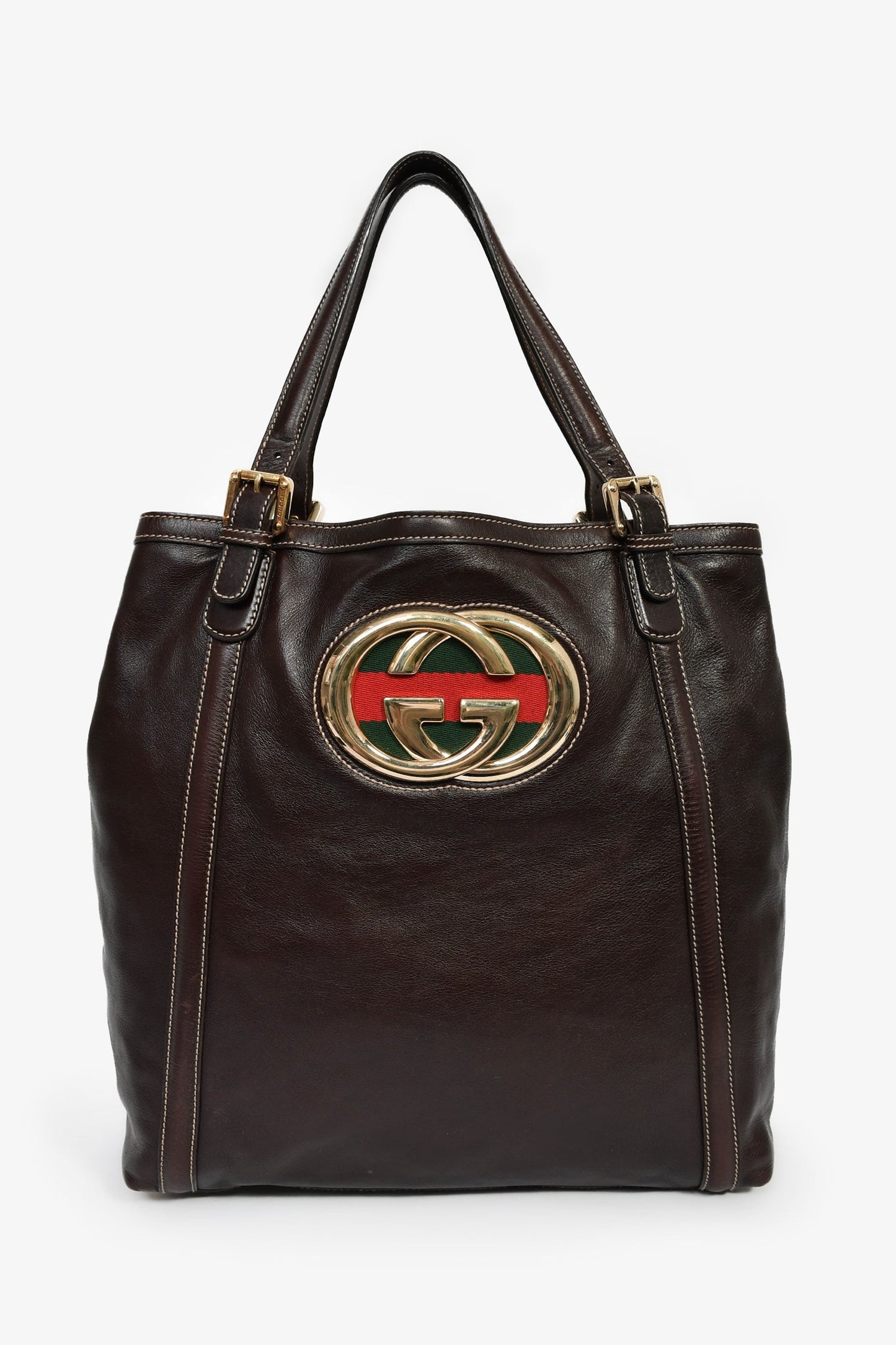 Gucci Dark Brown Leather GG Web Detail 'Britt' Tote