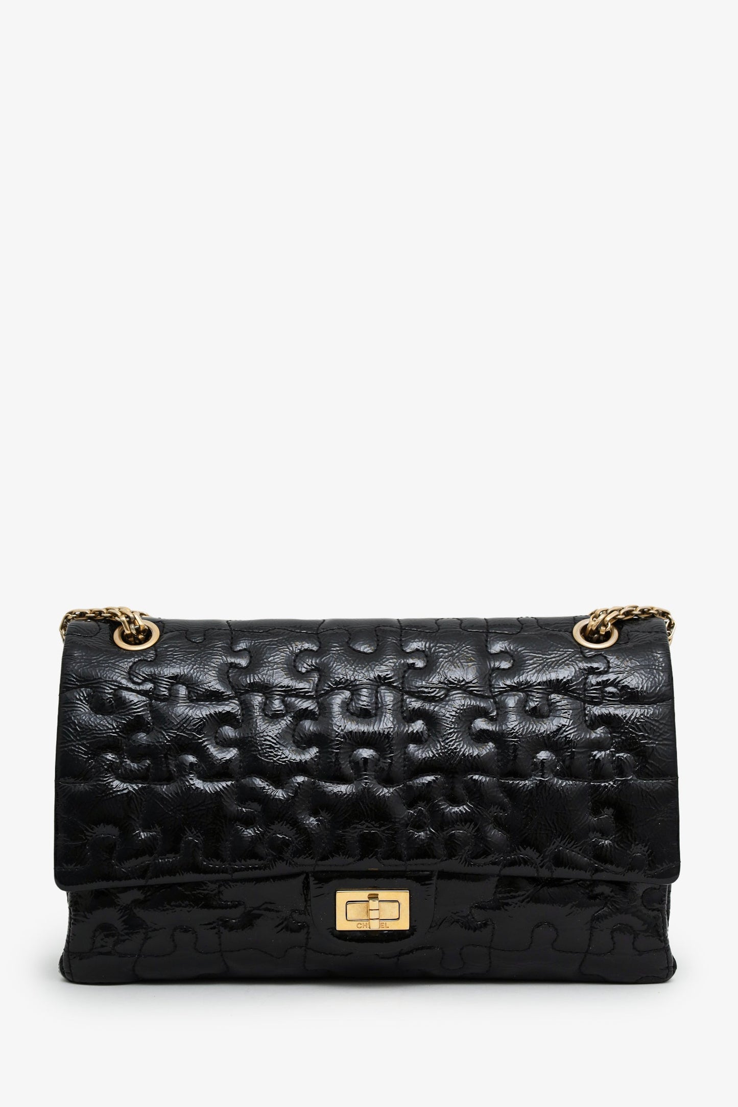 Chanel™ 2008-09 Black Crackled Patent Puzzle Reissue 2.55 Double Flap 226 Shoulder Bag