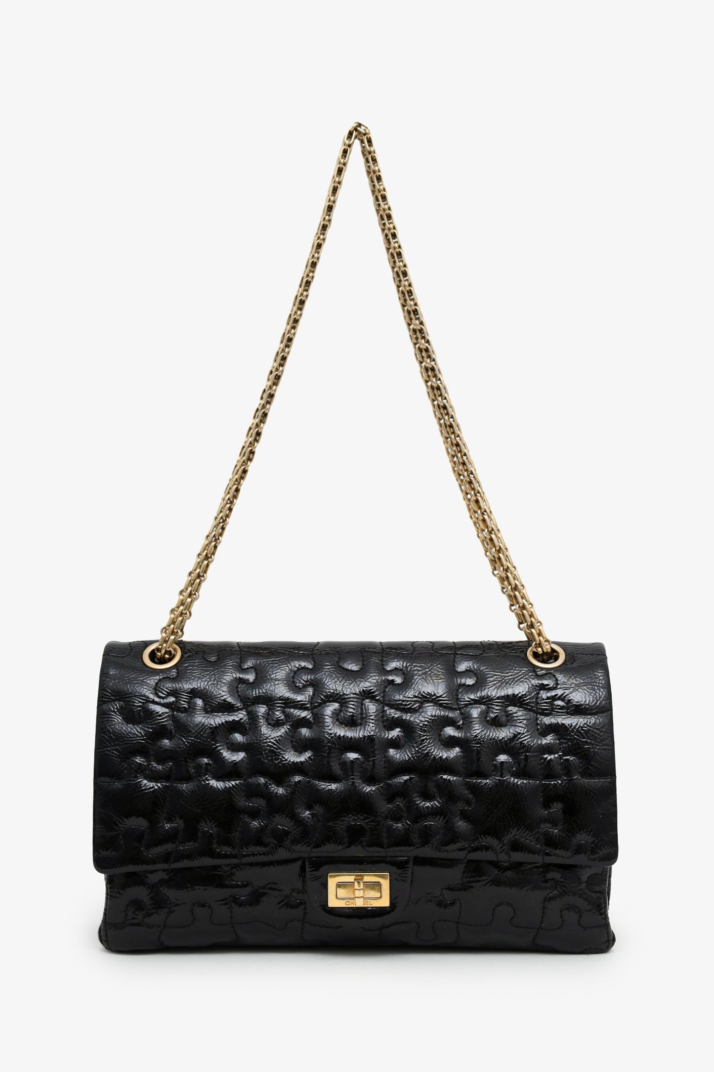 Chanel™ 2008-09 Black Crackled Patent Puzzle Reissue 2.55 Double Flap 226 Shoulder Bag