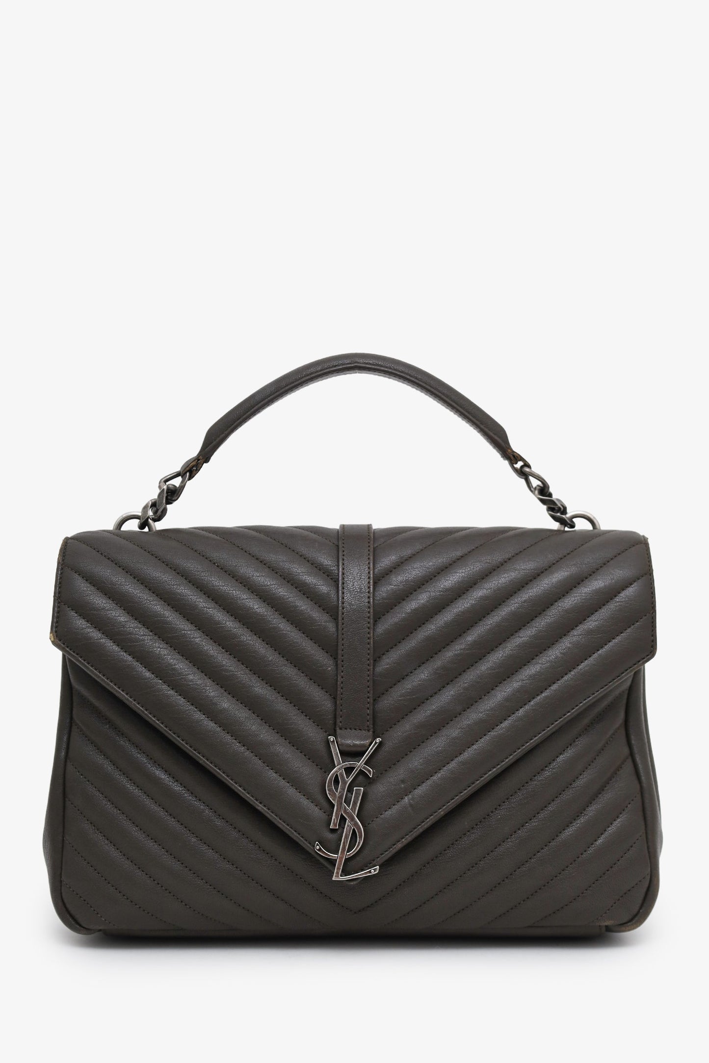 Saint Laurent Green Chevron Leather Medium College Bag With Chain