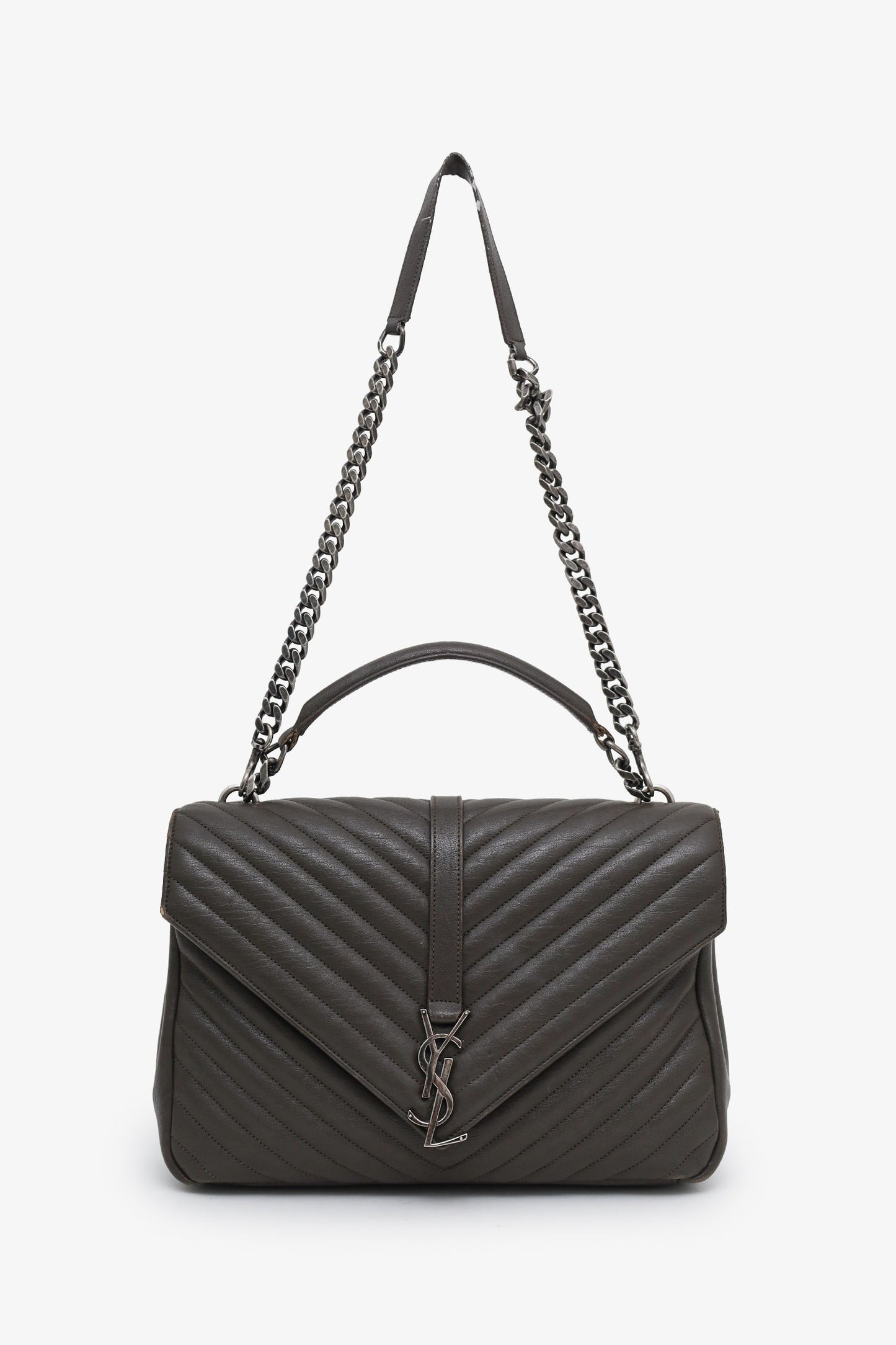 Saint Laurent Green Chevron Leather Medium College Bag With Chain