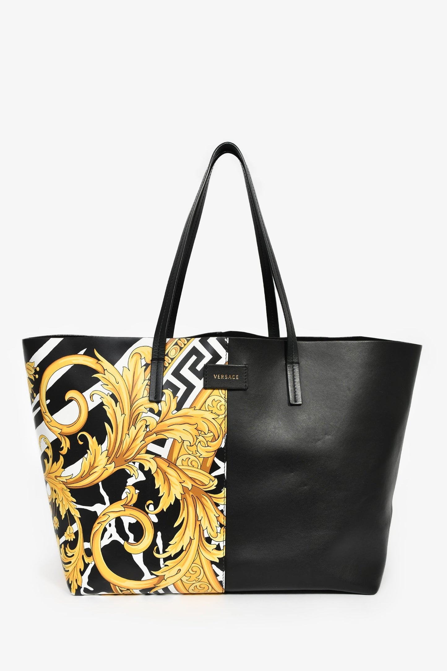 Versace Black Leather Barocco Print Shopper Tote