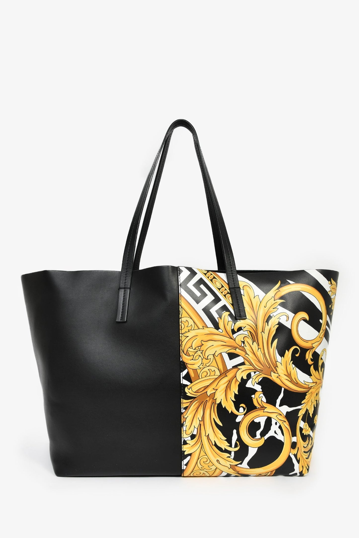 Versace Black Leather Barocco Print Shopper Tote