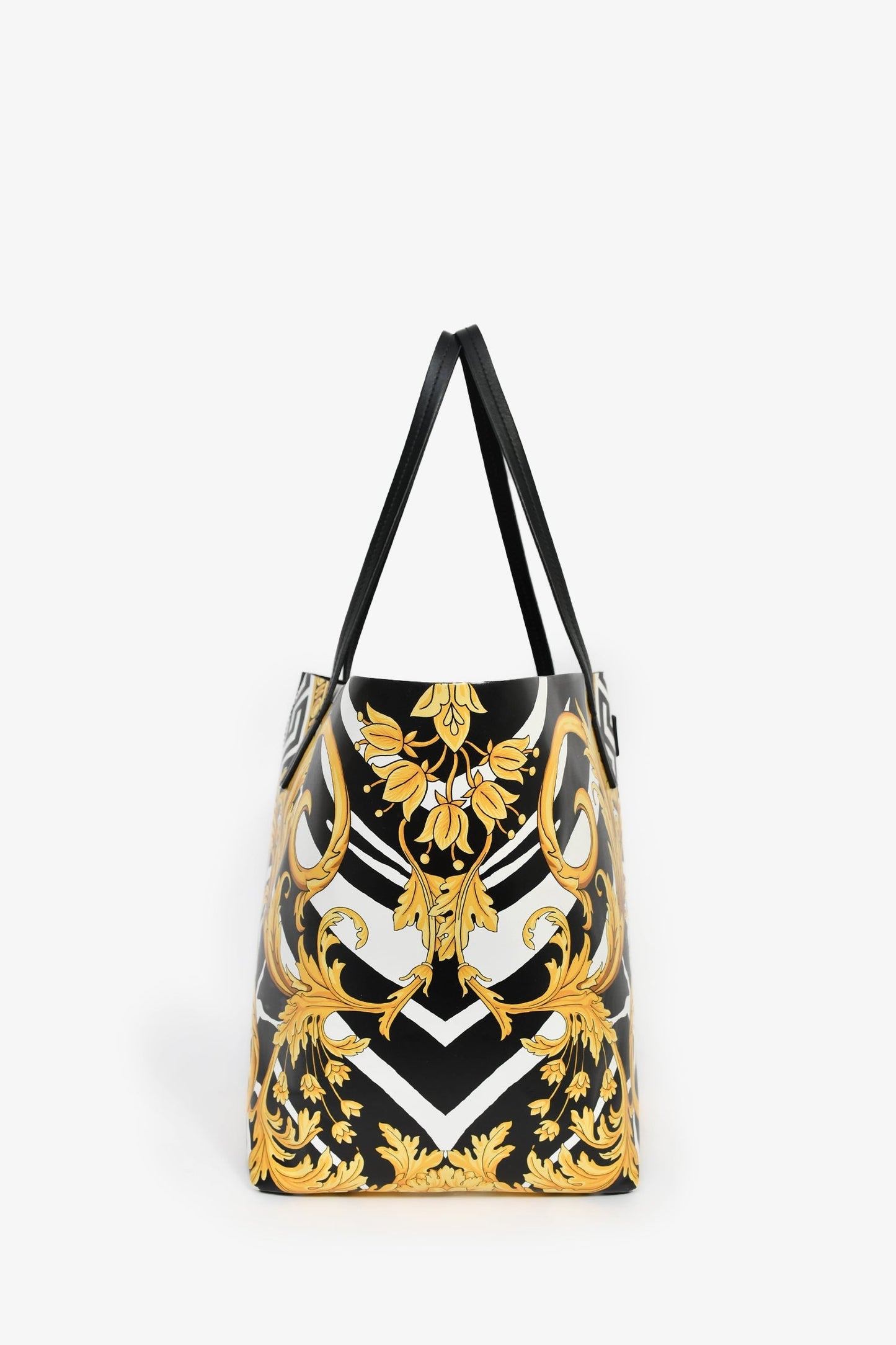 Versace Black Leather Barocco Print Shopper Tote