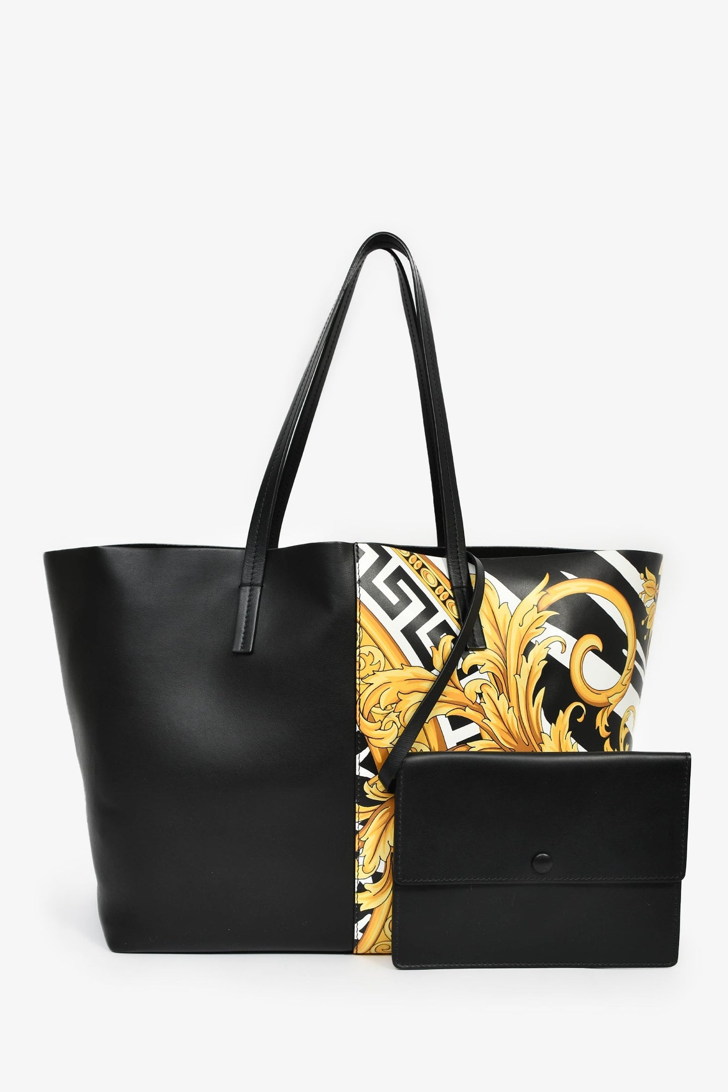 Versace Black Leather Barocco Print Shopper Tote