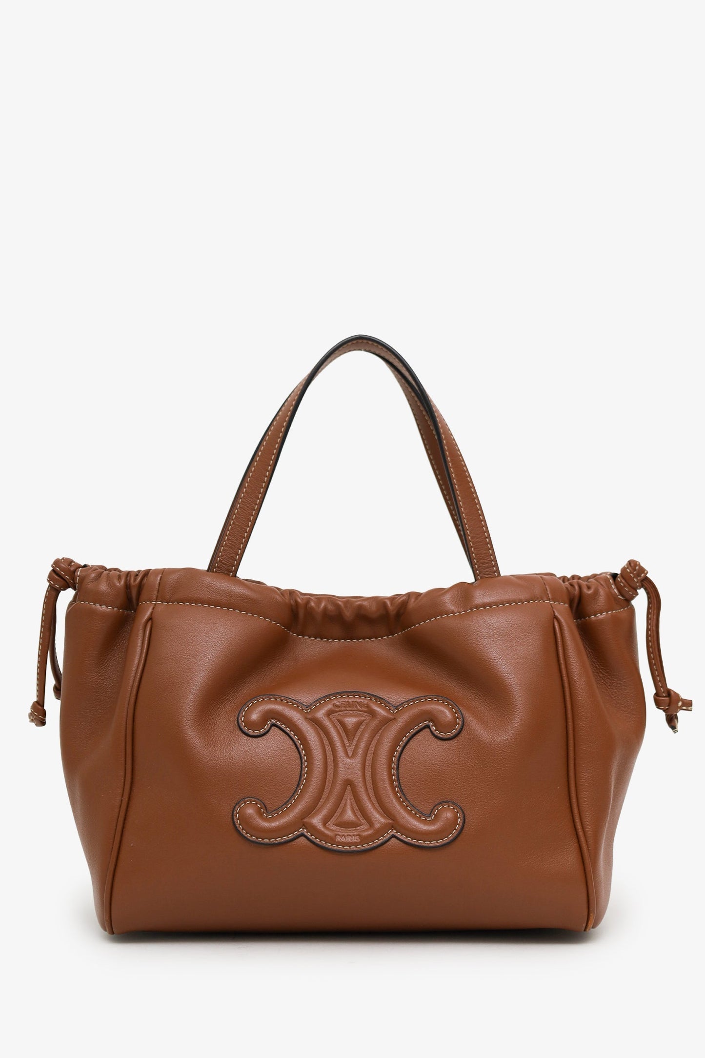 Celine 2024 Brown Leather Triomphe Cabas Drawstring Small Top Handle Bag With Strap