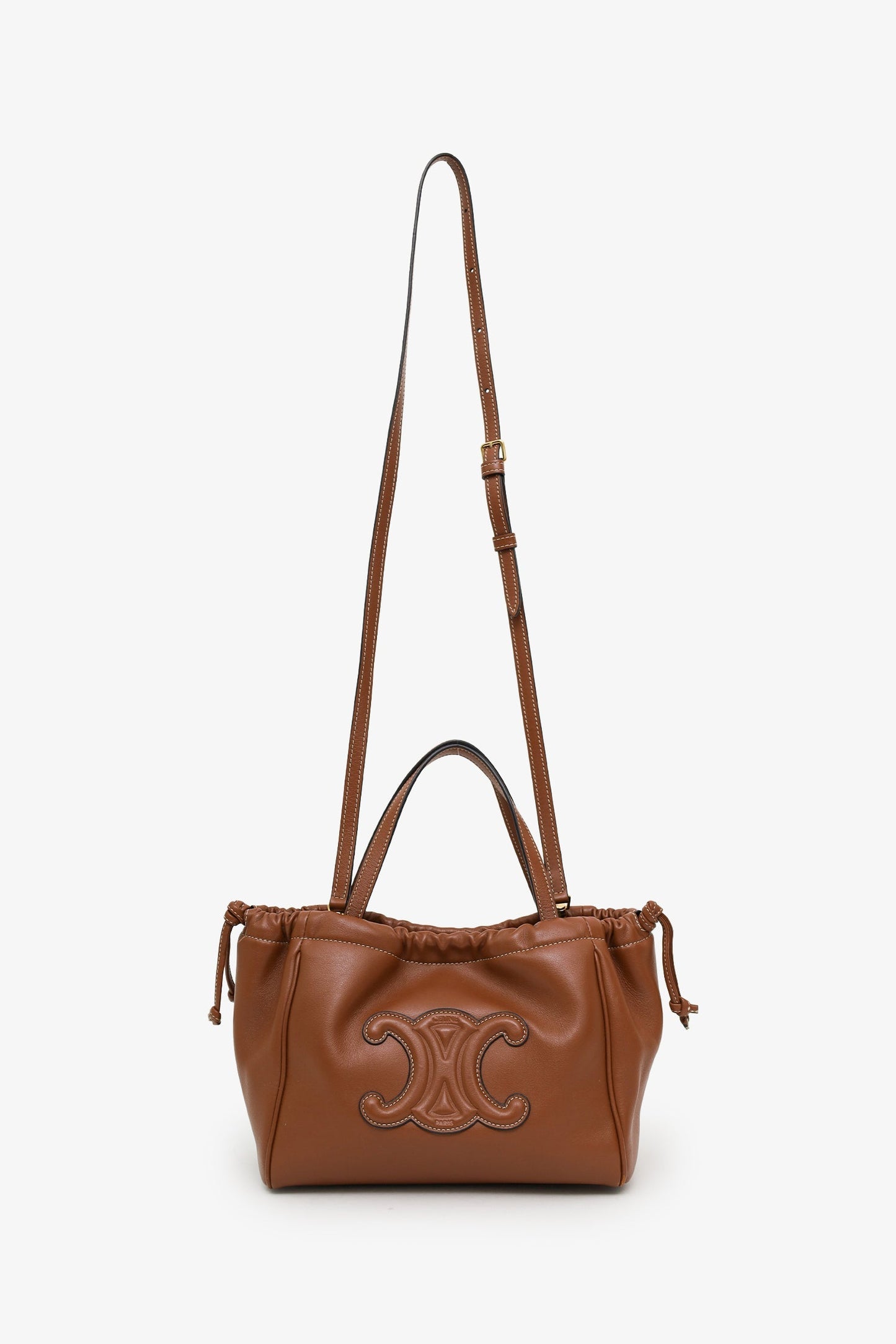 Celine 2024 Brown Leather Triomphe Cabas Drawstring Small Top Handle Bag With Strap
