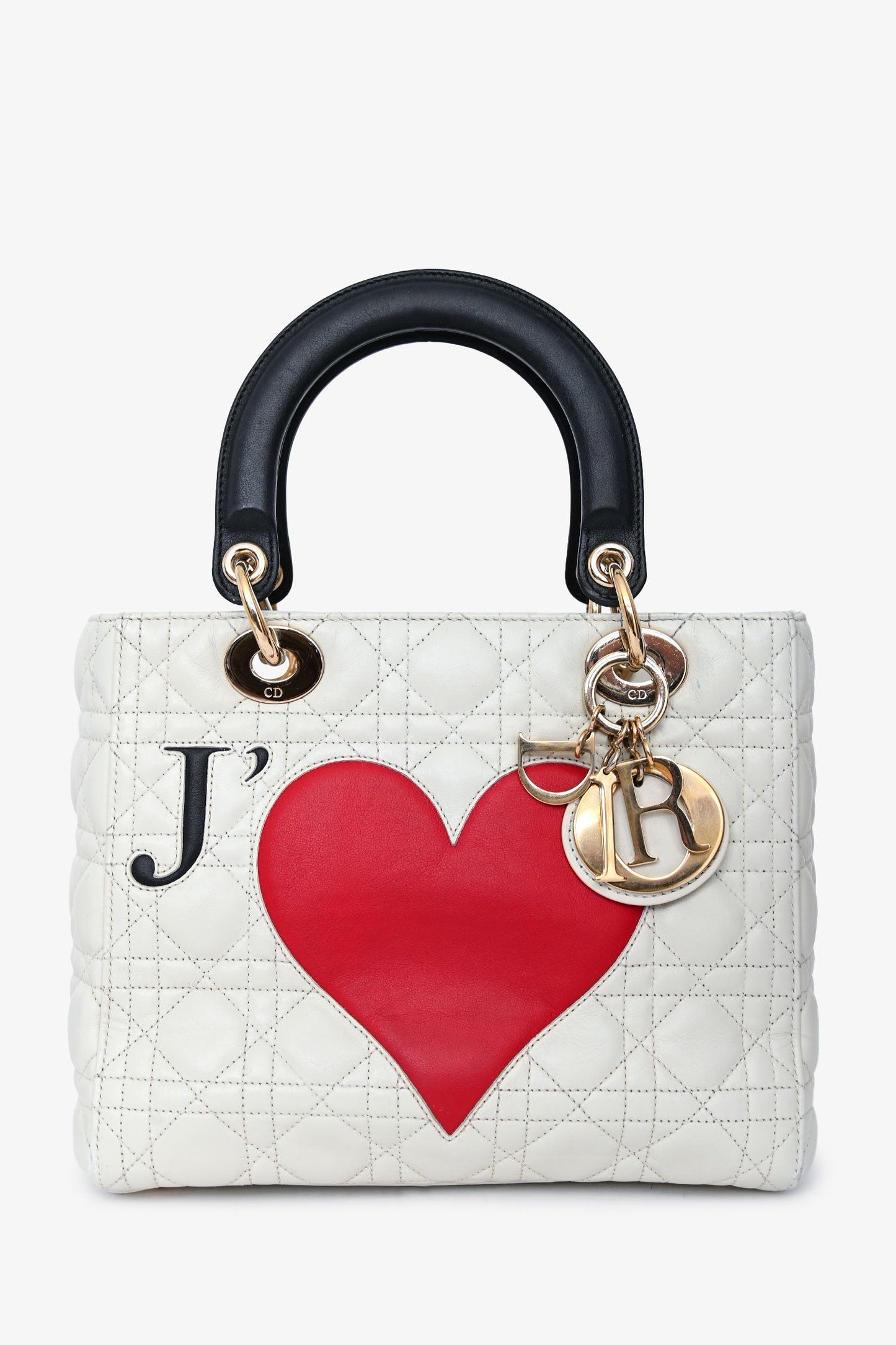 Christian Dior 2019 White Leather Cannage 'Je T'Aime' Medium Lady Dior With Strap