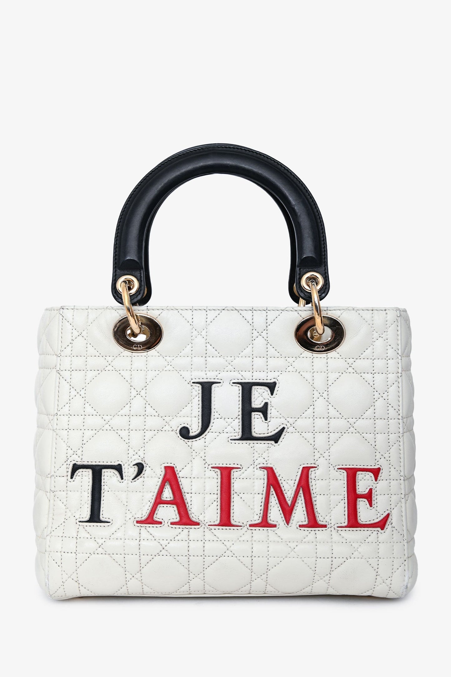 Christian Dior 2019 White Leather Cannage 'Je T'Aime' Medium Lady Dior With Strap