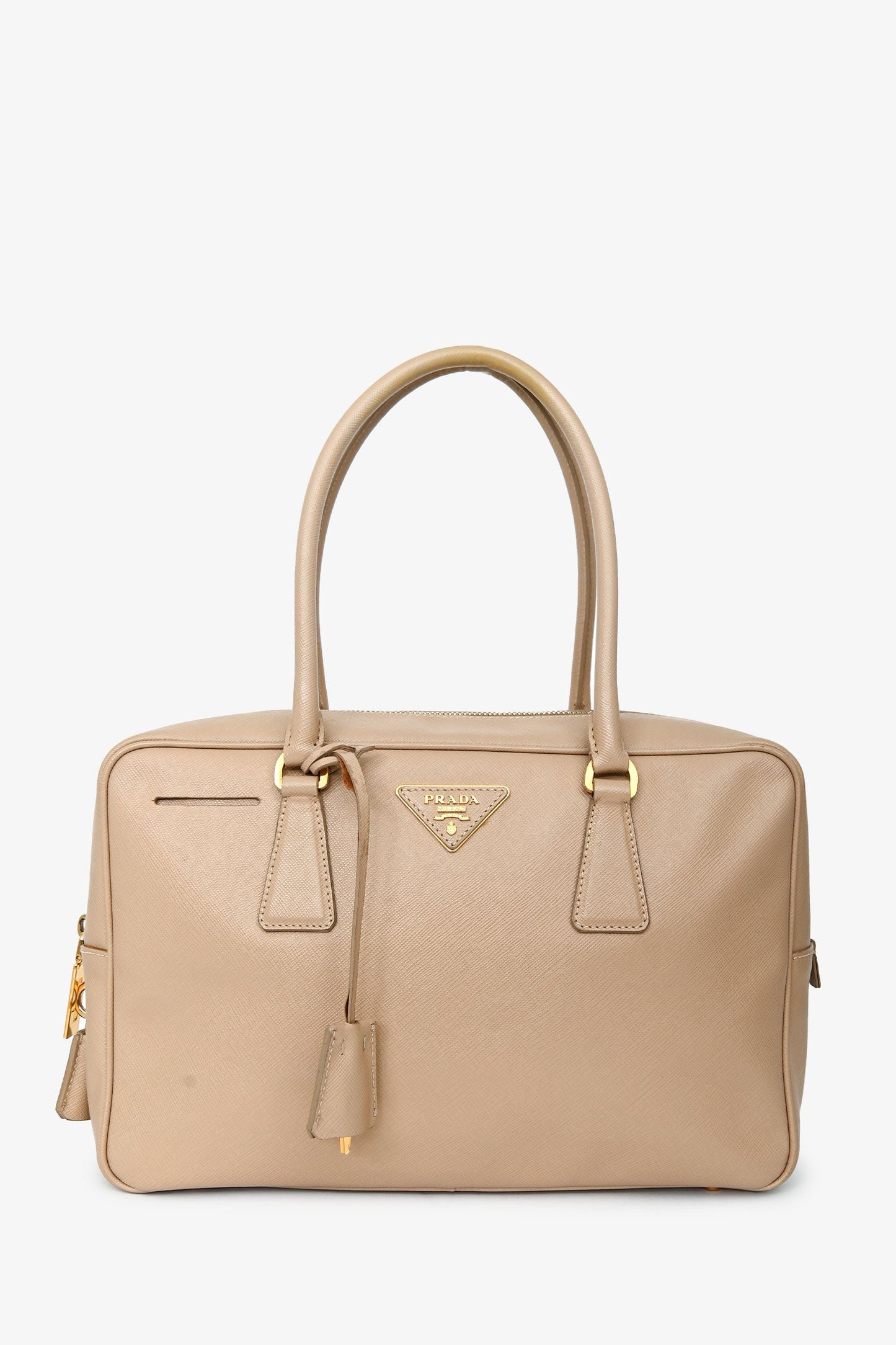 Prada Beige Saffiano Leather Lux Bauletto Top Handle