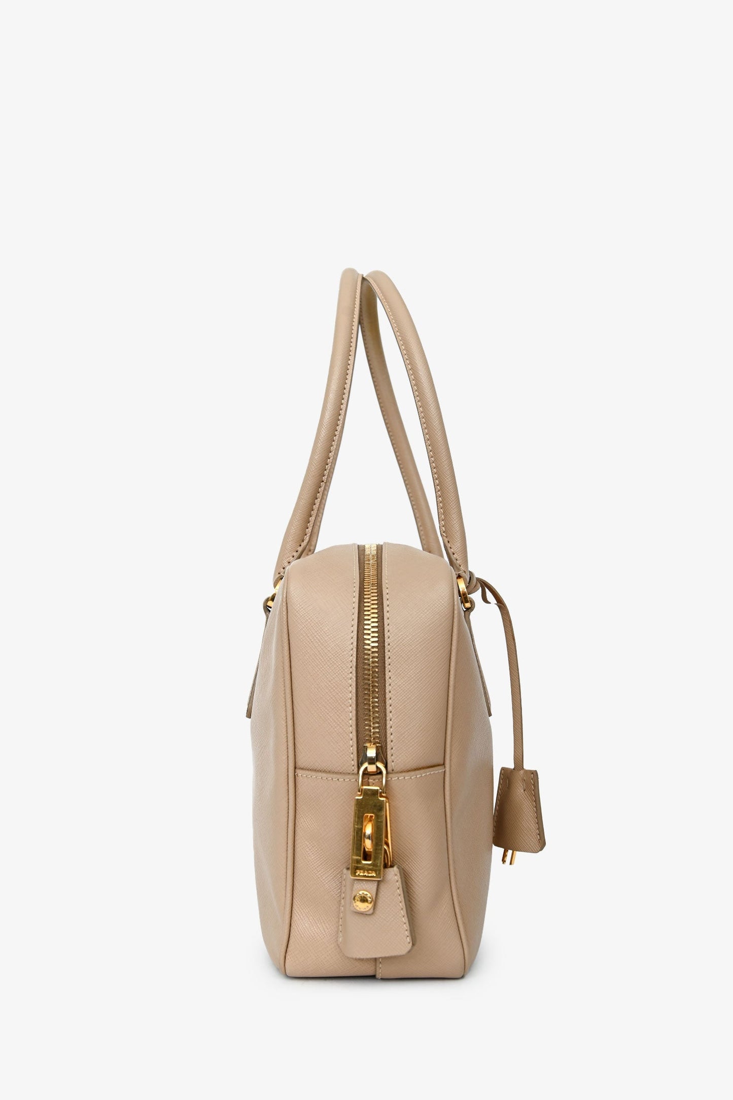 Prada Beige Saffiano Leather Lux Bauletto Top Handle
