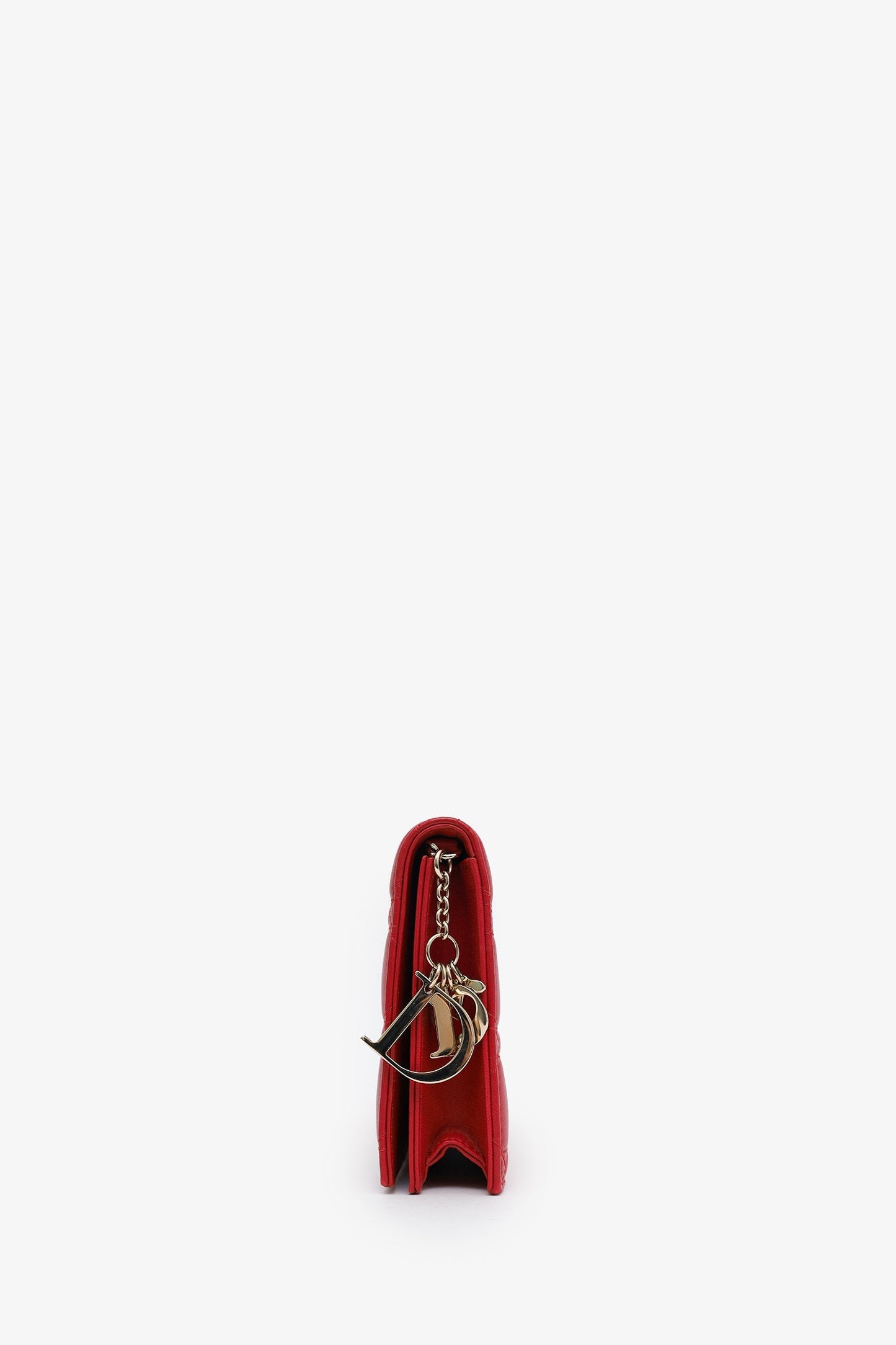 Christian Dior Red Leather Cannage Lady Dior Wallet On Chain