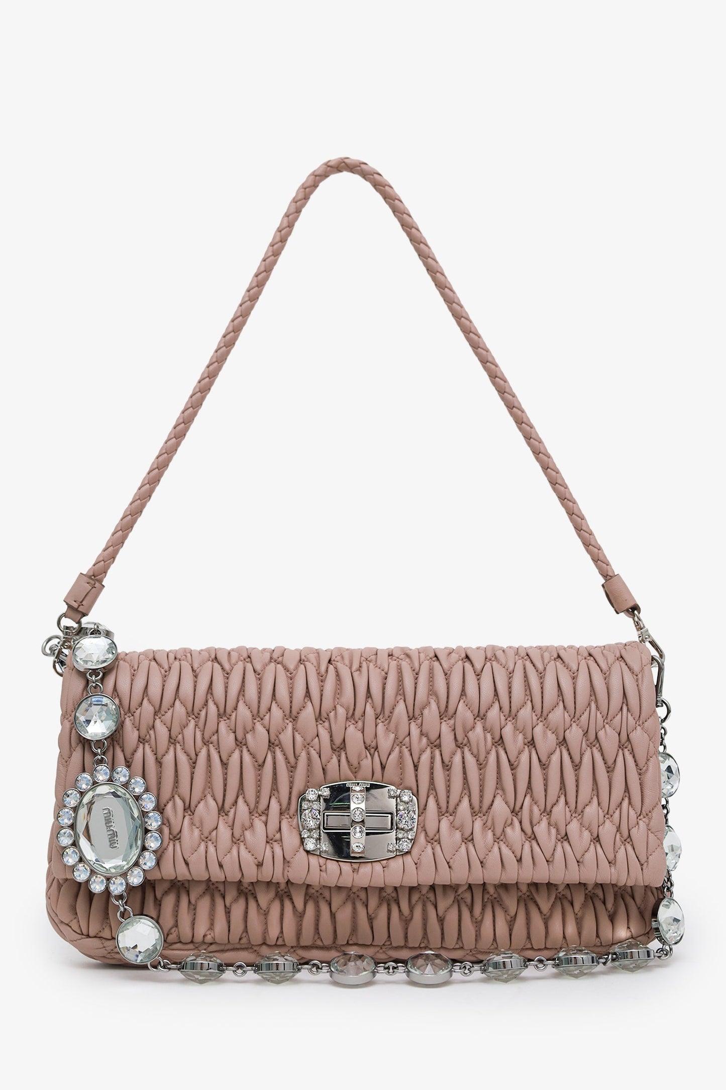 Miu Miu Pink Leather Matelasse Crystal Flap Shoulder Bag With Strap