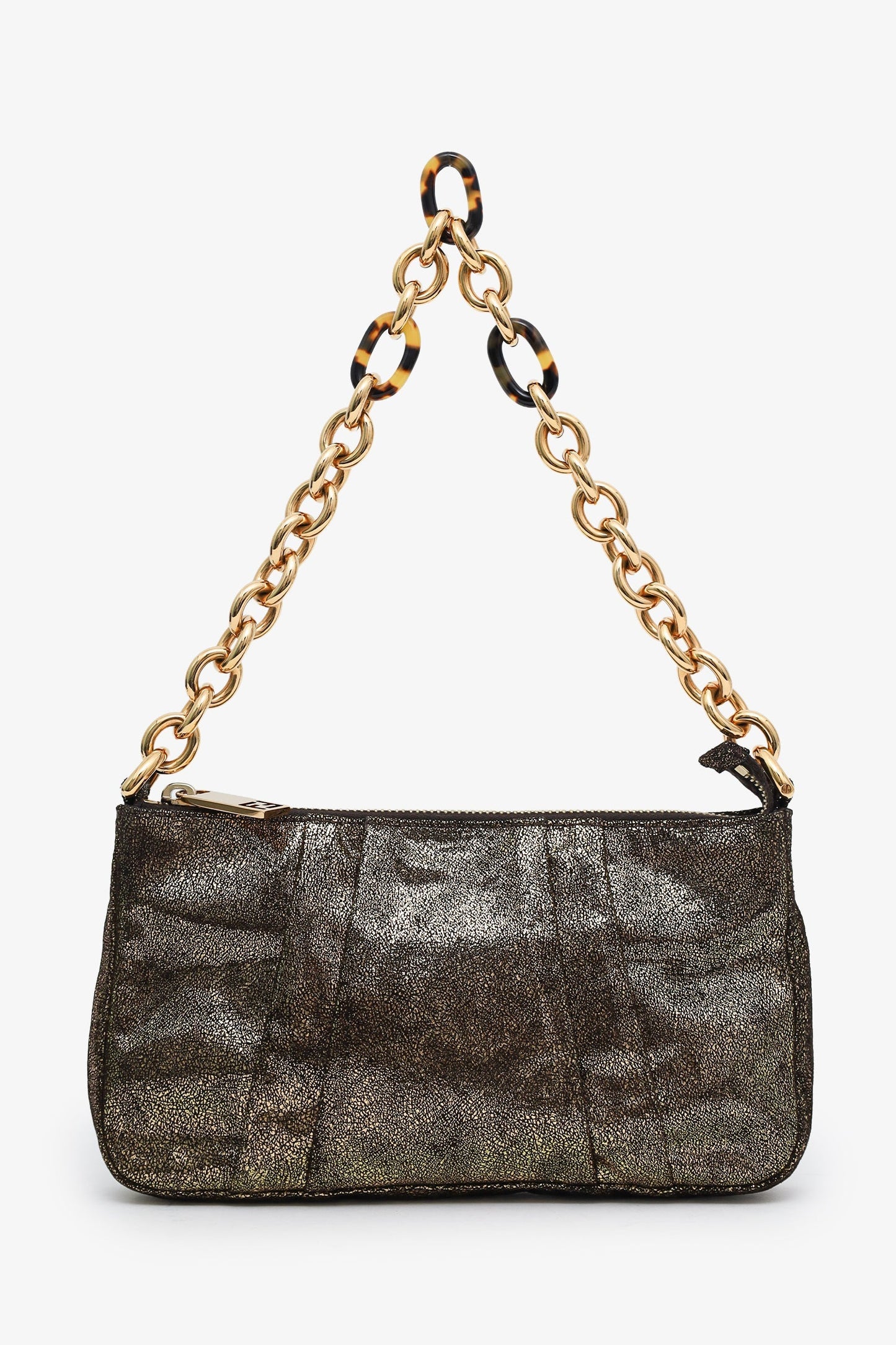 Fendi Gold Metallic Leather Baguette Shoulder Bag With Chain Strap
