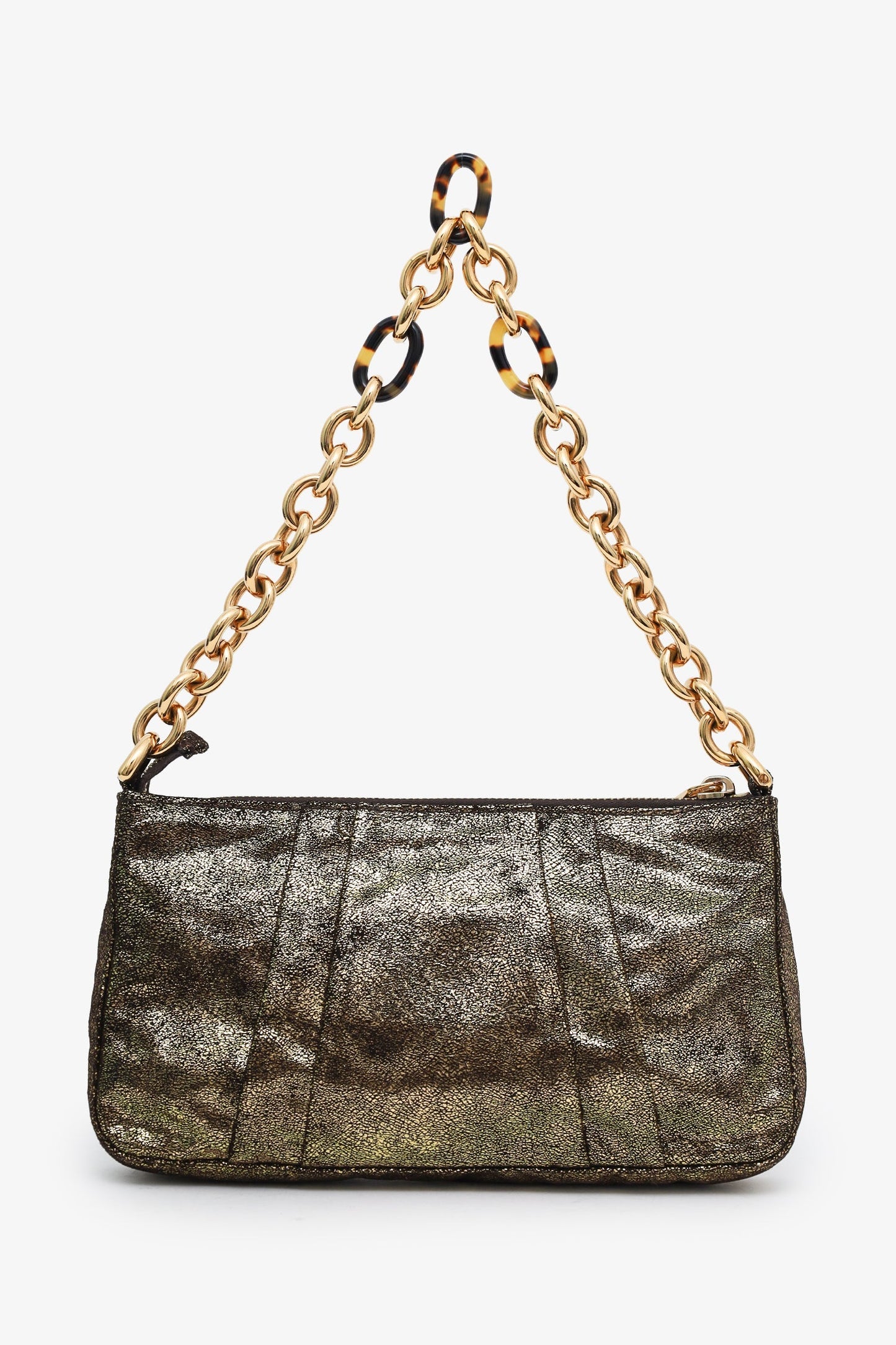 Fendi Gold Metallic Leather Baguette Shoulder Bag With Chain Strap